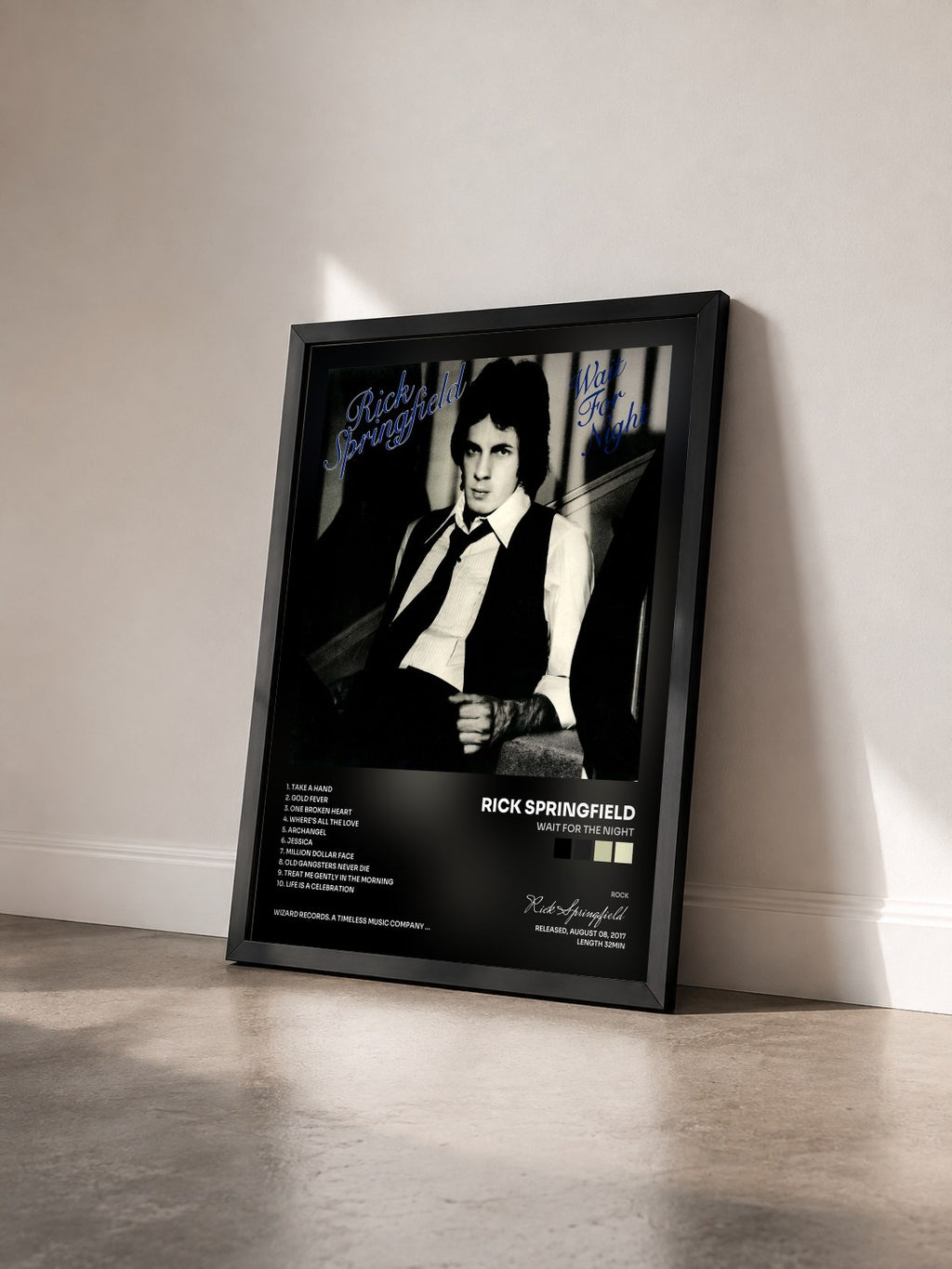 #noir Tableau de l'album Wait for the Night de Rick Springfield vu de trois quarts, cadre noir