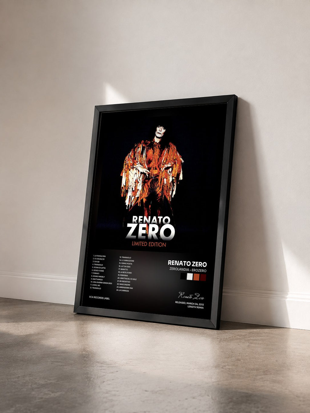 #noir Tableau de l'album Zerolandia - Erozero de Renato Zero vu de trois quarts, cadre noir