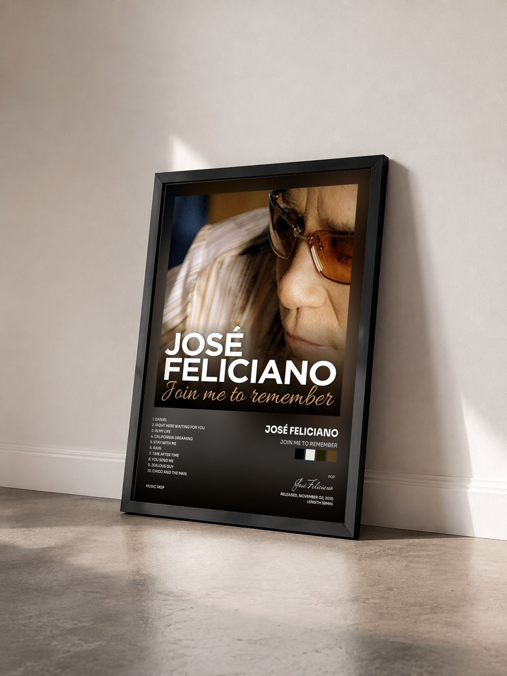 #noir Tableau de l'album Join Me to Remember de José Feliciano vu de trois quarts, cadre noir