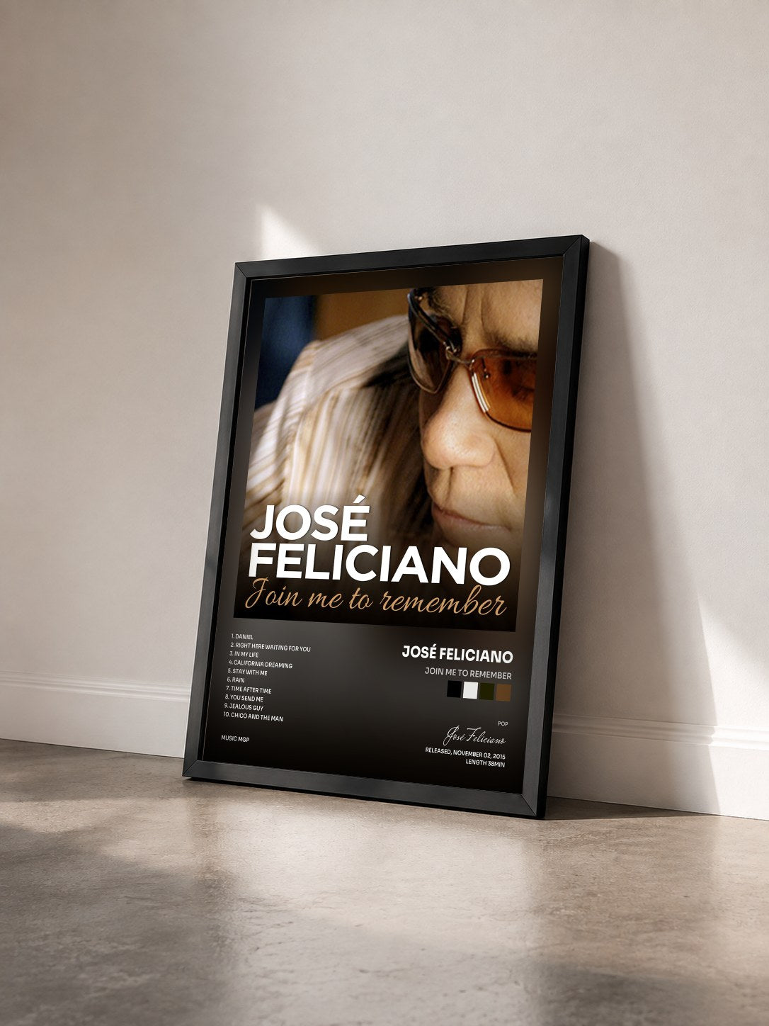#noir Tableau de l'album Join Me to Remember de José Feliciano vu de trois quarts, cadre noir