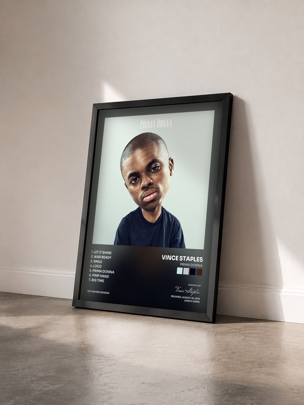 #noir Tableau de l'album Prima Donna de Vince Staples vu de trois quarts, cadre noir