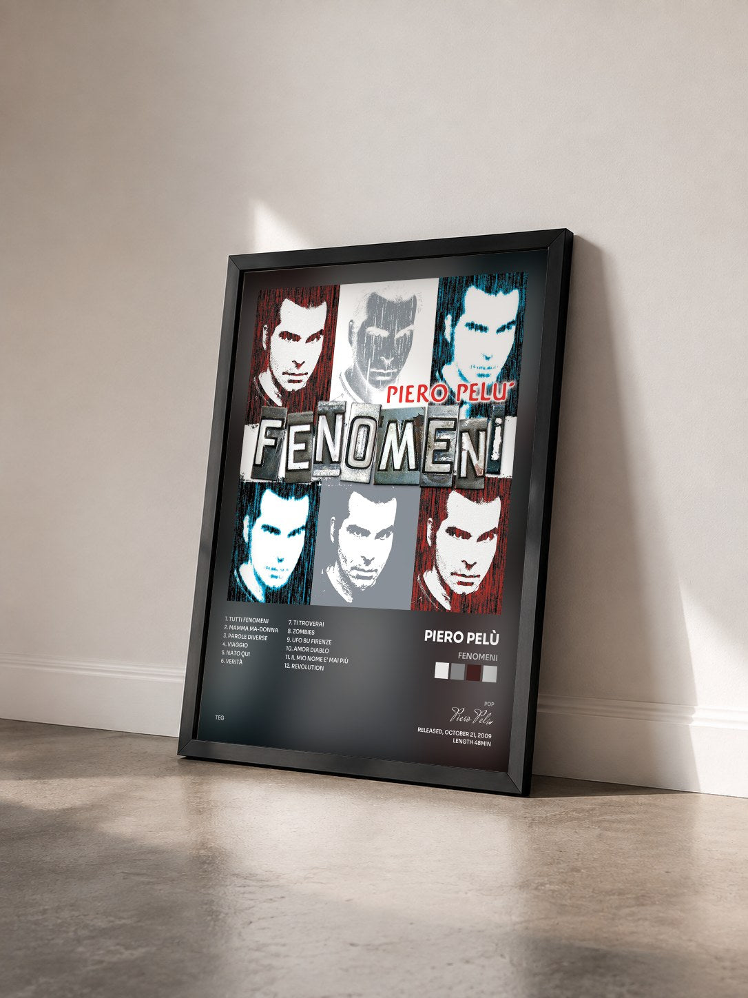 #noir Tableau de l'album Fenomeni de Piero Pelù vu de trois quarts, cadre noir