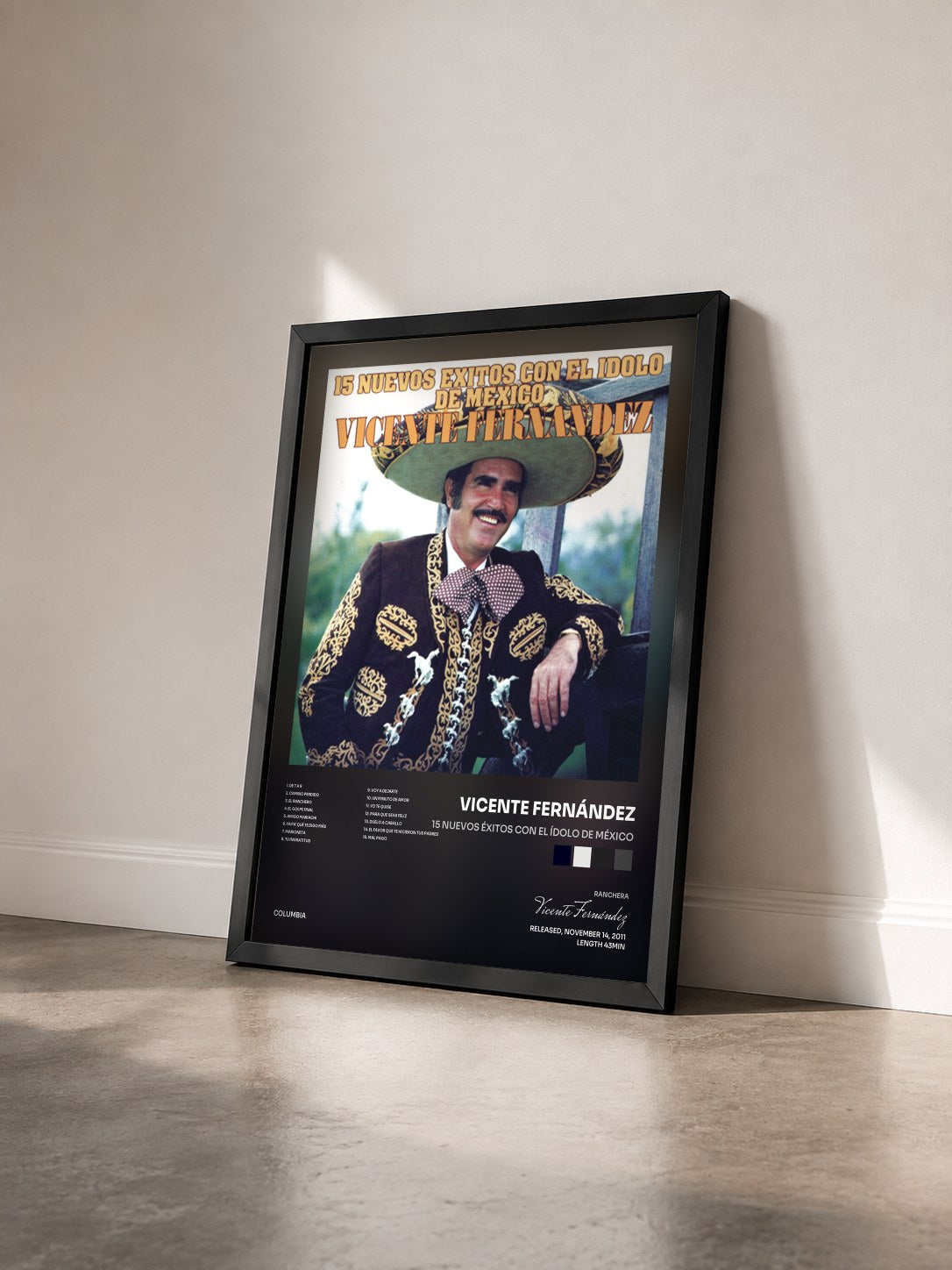 #noir Tableau de l'album 15 Nuevos Éxitos Con el Ídolo de México de Vicente Fernández vu de trois quarts, cadre noir
