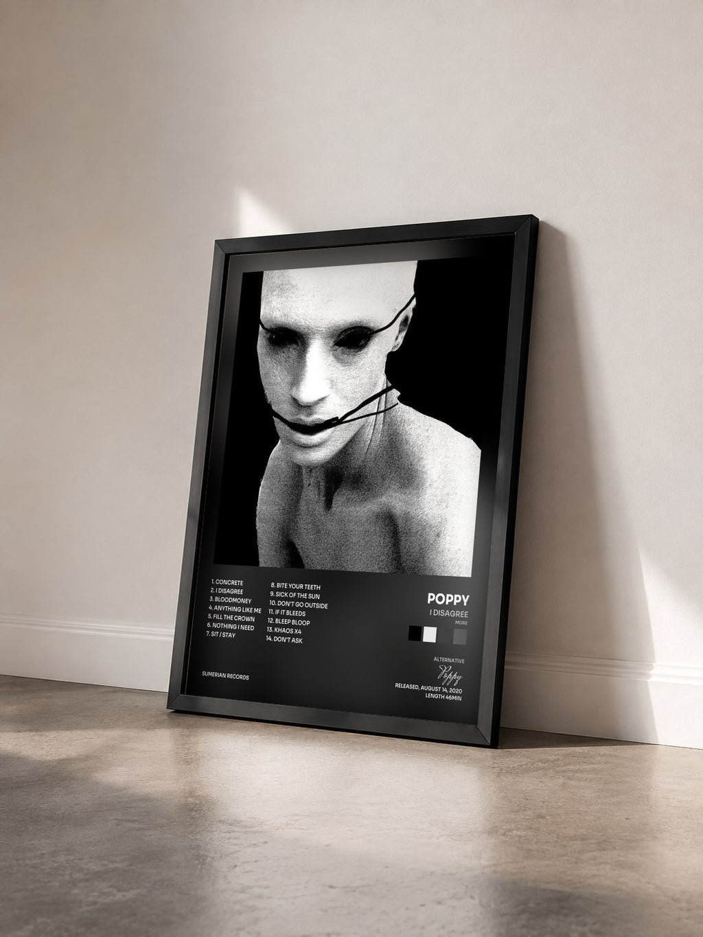 #noir Tableau de l'album I Disagree (more) de Poppy vu de trois quarts, cadre noir