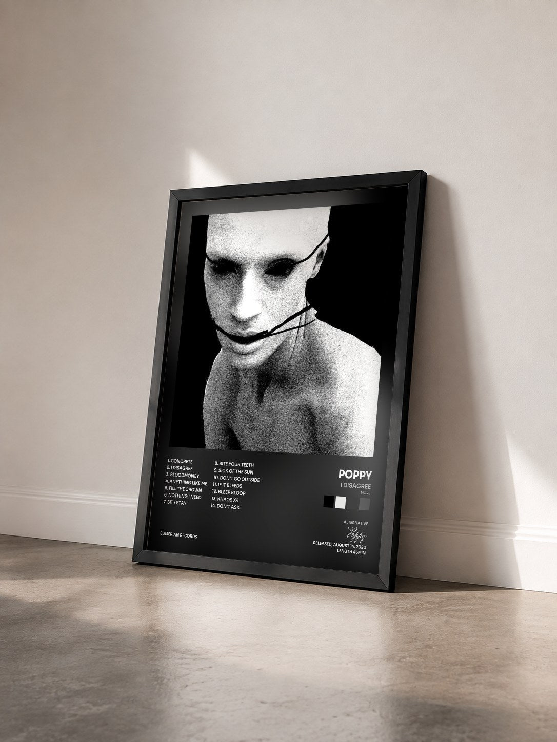 #noir Tableau de l'album I Disagree (more) de Poppy vu de trois quarts, cadre noir