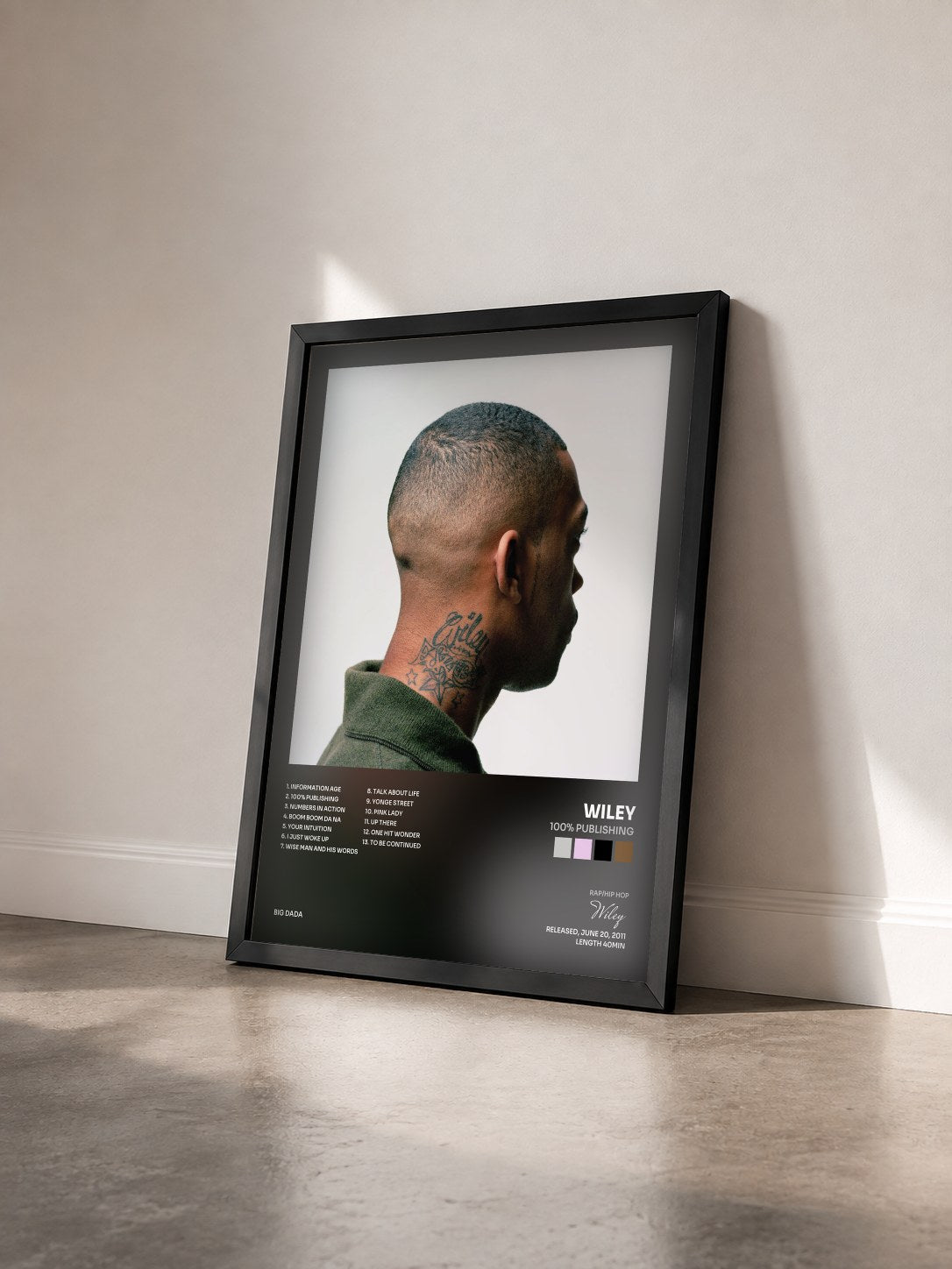 #noir Tableau de l'album 100% Publishing de Wiley vu de trois quarts, cadre noir