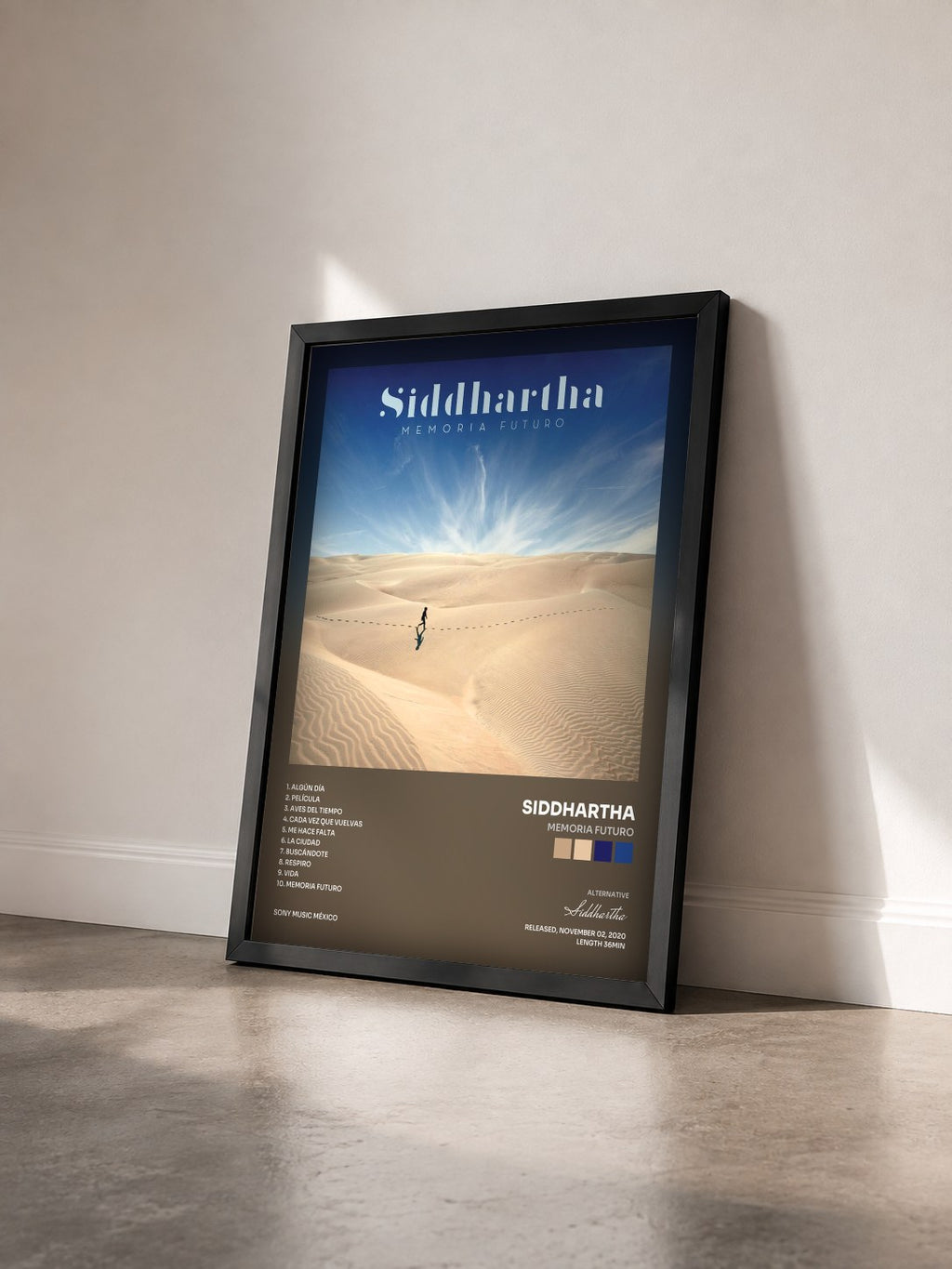#noir Tableau de l'album MEMORIA FUTURO de Siddhartha vu de trois quarts, cadre noir