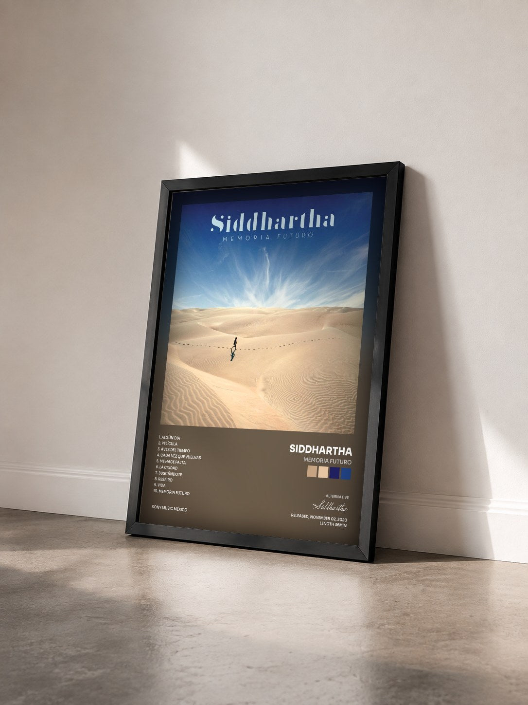 #noir Tableau de l'album MEMORIA FUTURO de Siddhartha vu de trois quarts, cadre noir