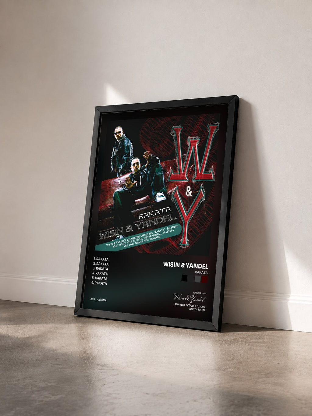 #noir Tableau de l'album Rakata de Wisin & Yandel vu de trois quarts, cadre noir