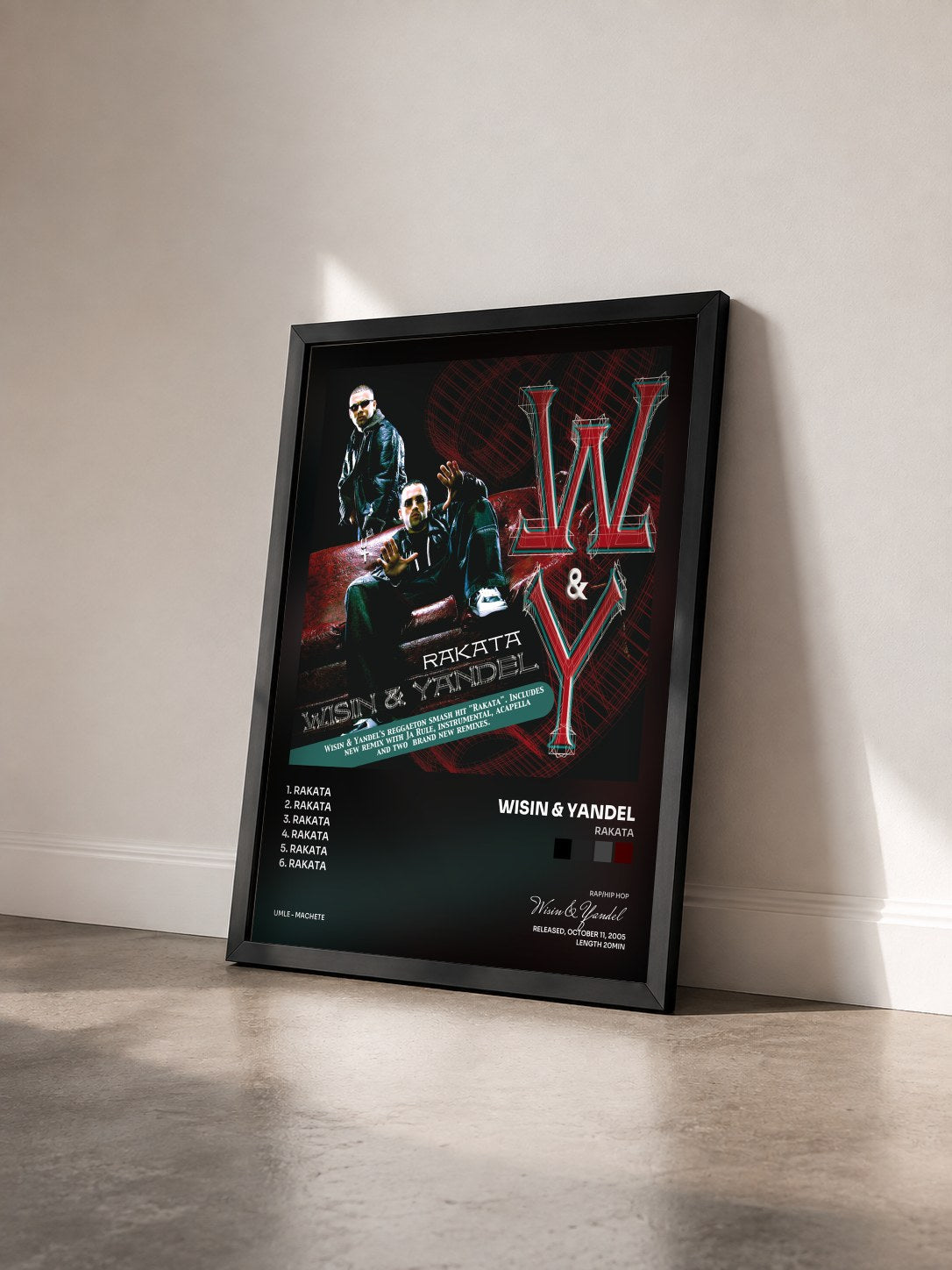 #noir Tableau de l'album Rakata de Wisin & Yandel vu de trois quarts, cadre noir