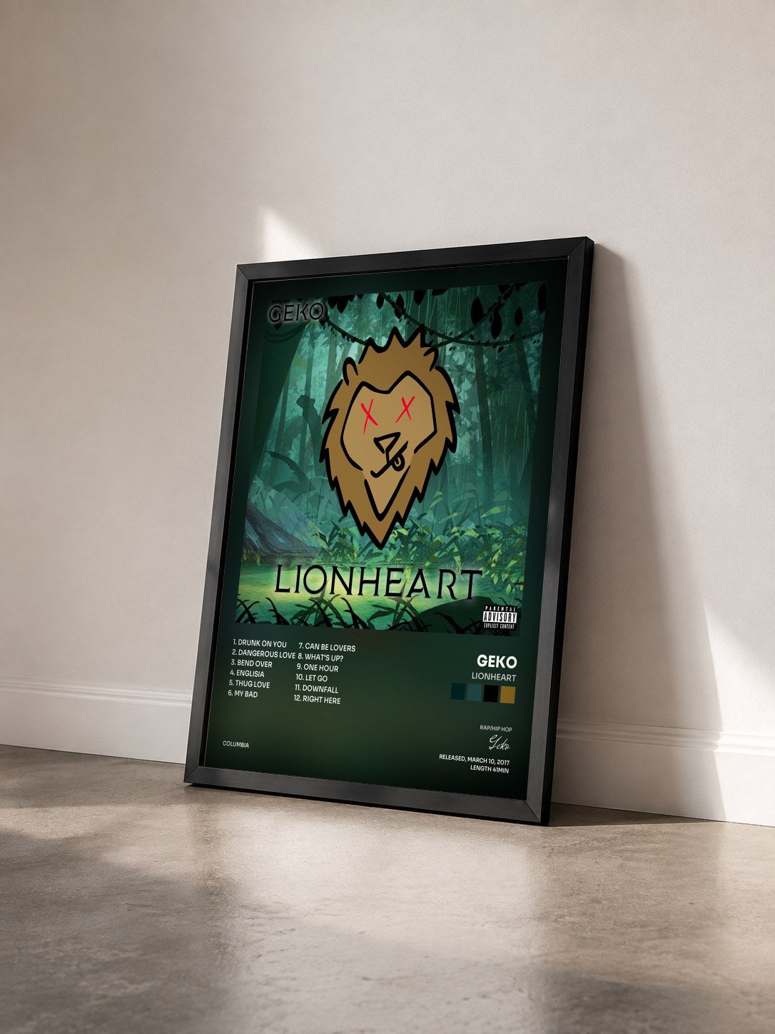 #noir Tableau de l'album LionHeart de Geko vu de trois quarts, cadre noir