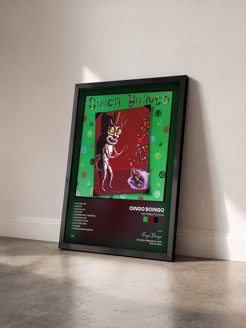 #noir Tableau de l'album Nothing To Fear de Oingo Boingo vu de trois quarts, cadre noir