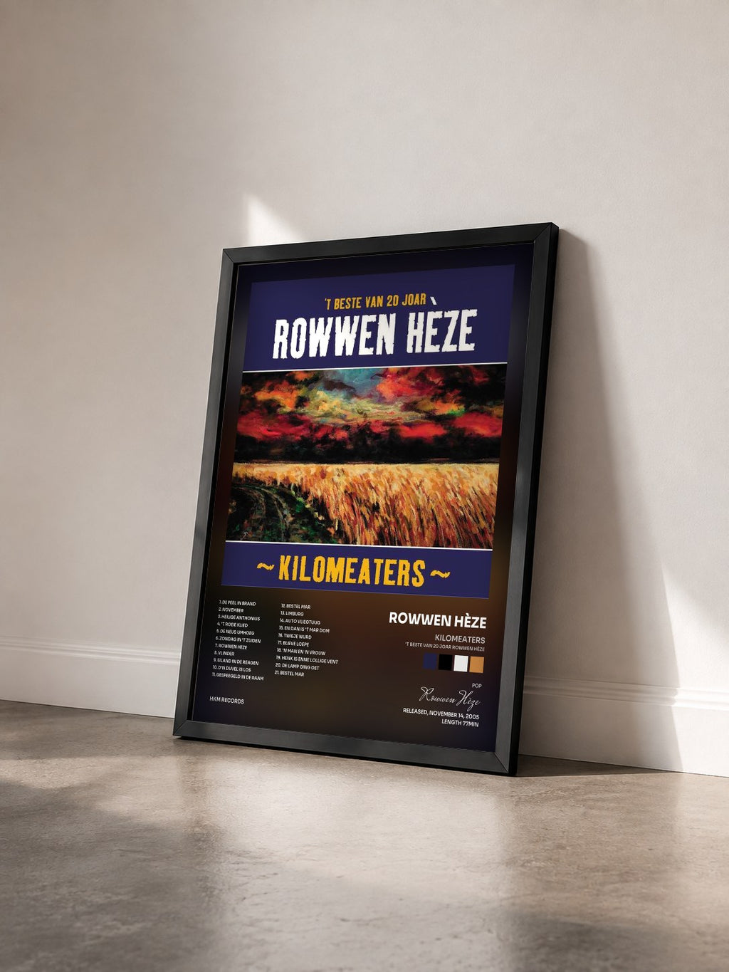 #noir Tableau de l'album Kilomeaters ('T Beste Van 20 Joar Rowwen Hèze) de Rowwen Hèze vu de trois quarts, cadre noir