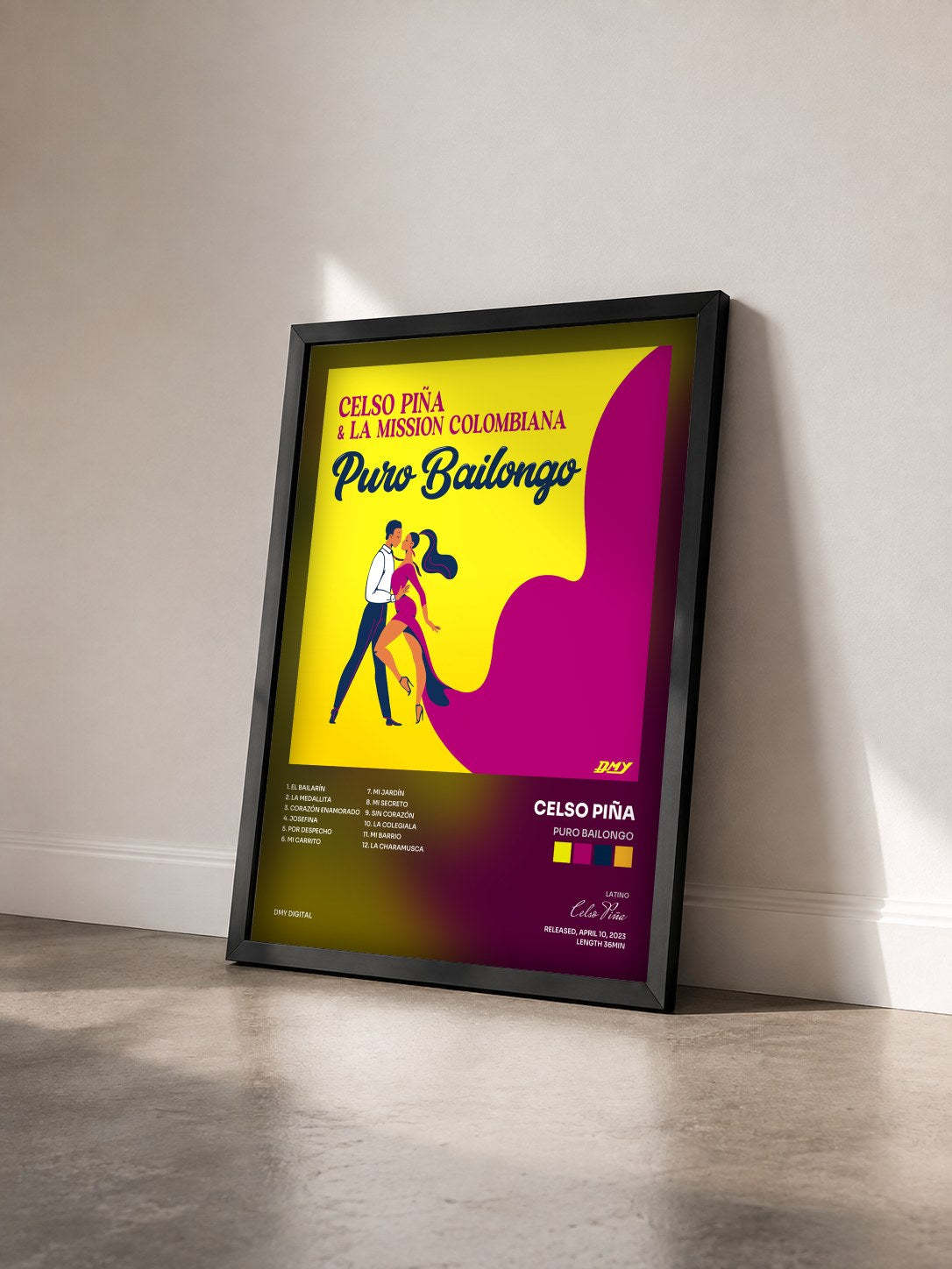 #noir Tableau de l'album Puro Bailongo de Celso Piña vu de trois quarts, cadre noir