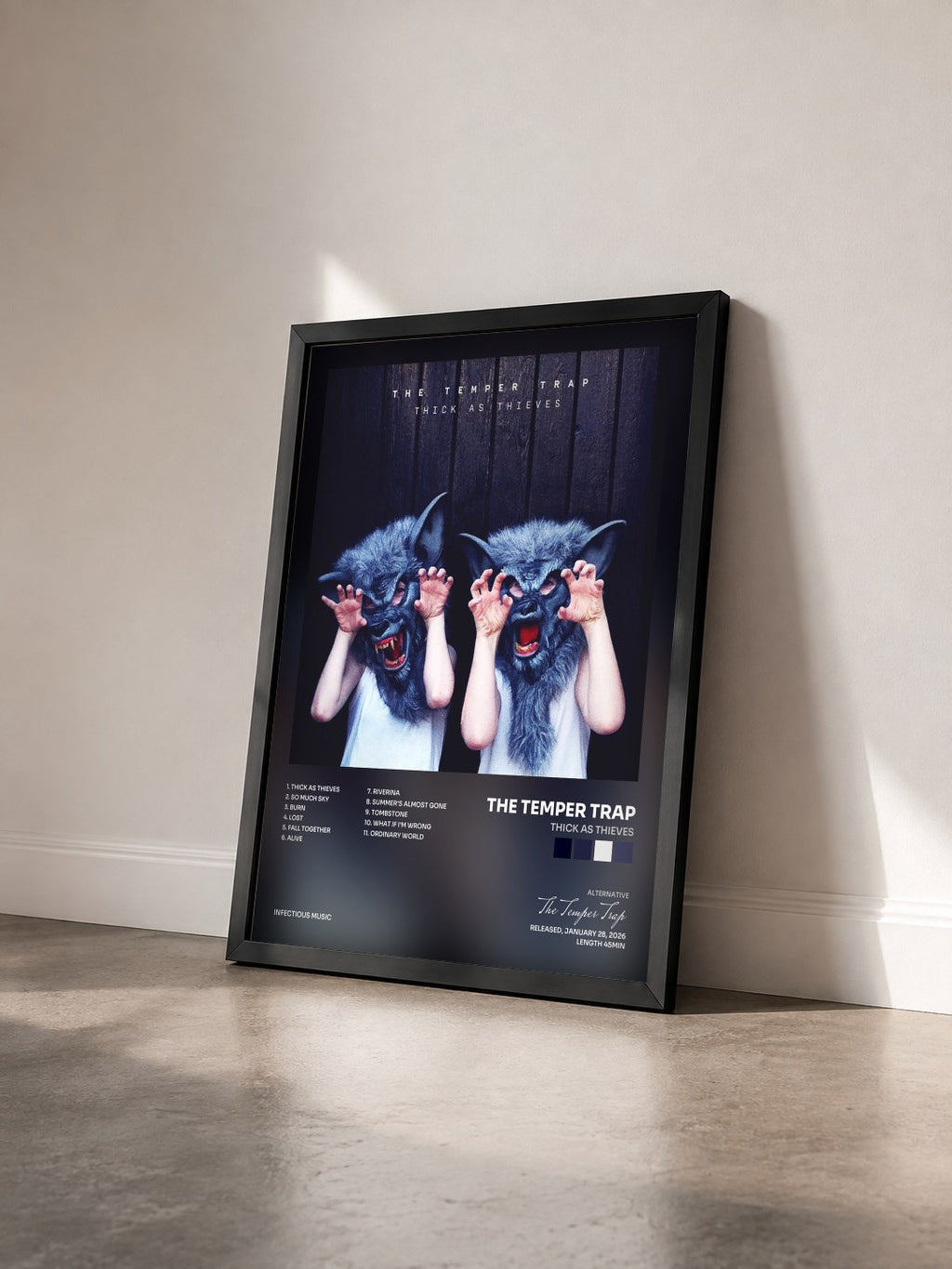 #noir Tableau de l'album Thick as Thieves de The Temper Trap vu de trois quarts, cadre noir