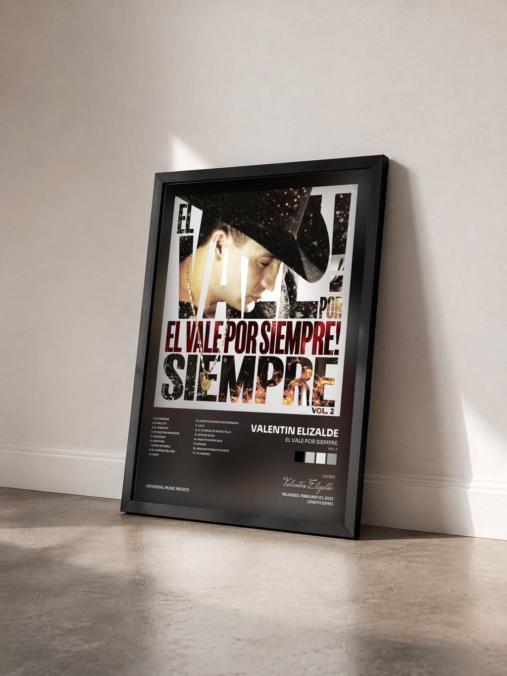 #noir Tableau de l'album El Vale Por Siempre (Vol. 2) de Valentin Elizalde vu de trois quarts, cadre noir
