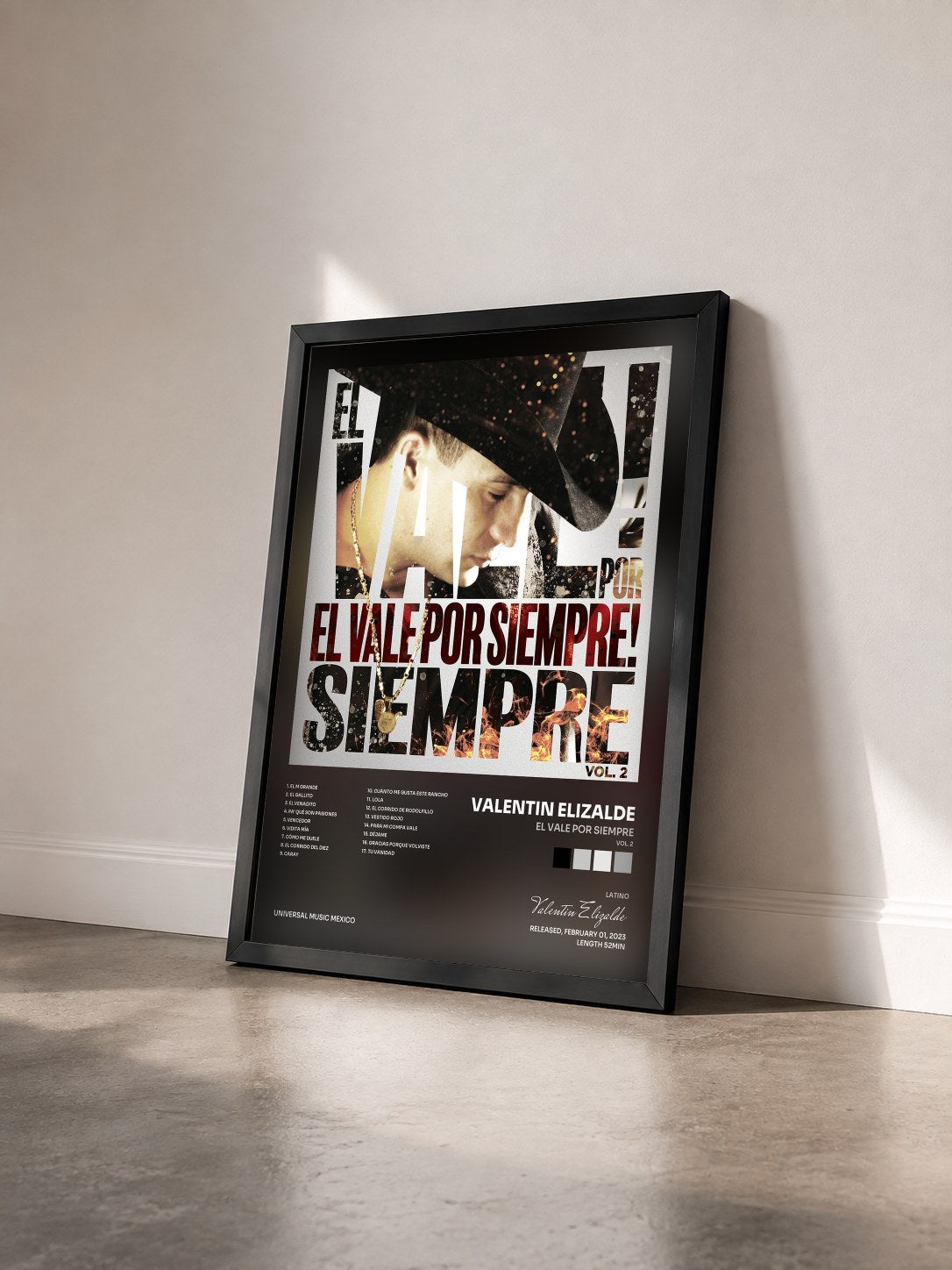 #noir Tableau de l'album El Vale Por Siempre (Vol. 2) de Valentin Elizalde vu de trois quarts, cadre noir
