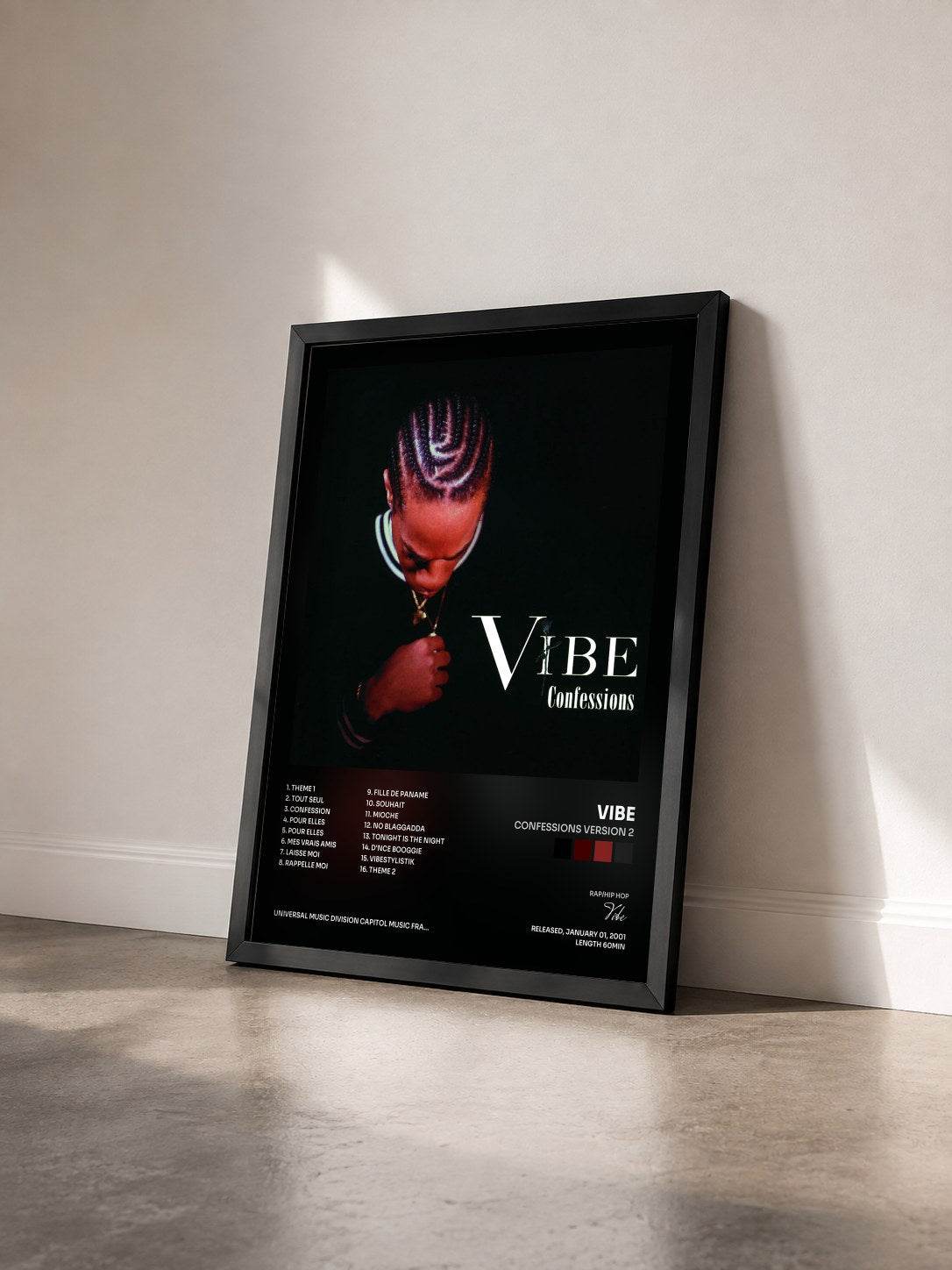 #noir Tableau de l'album Confessions Version 2 de Vibe vu de trois quarts, cadre noir