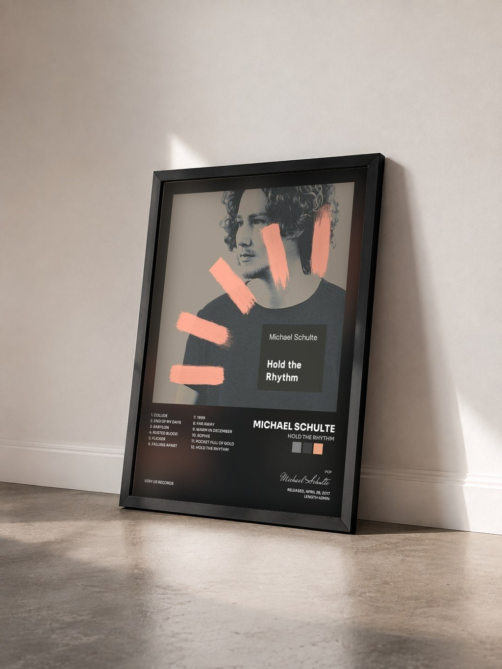 #noir Tableau de l'album Hold the Rhythm de Michael Schulte vu de trois quarts, cadre noir