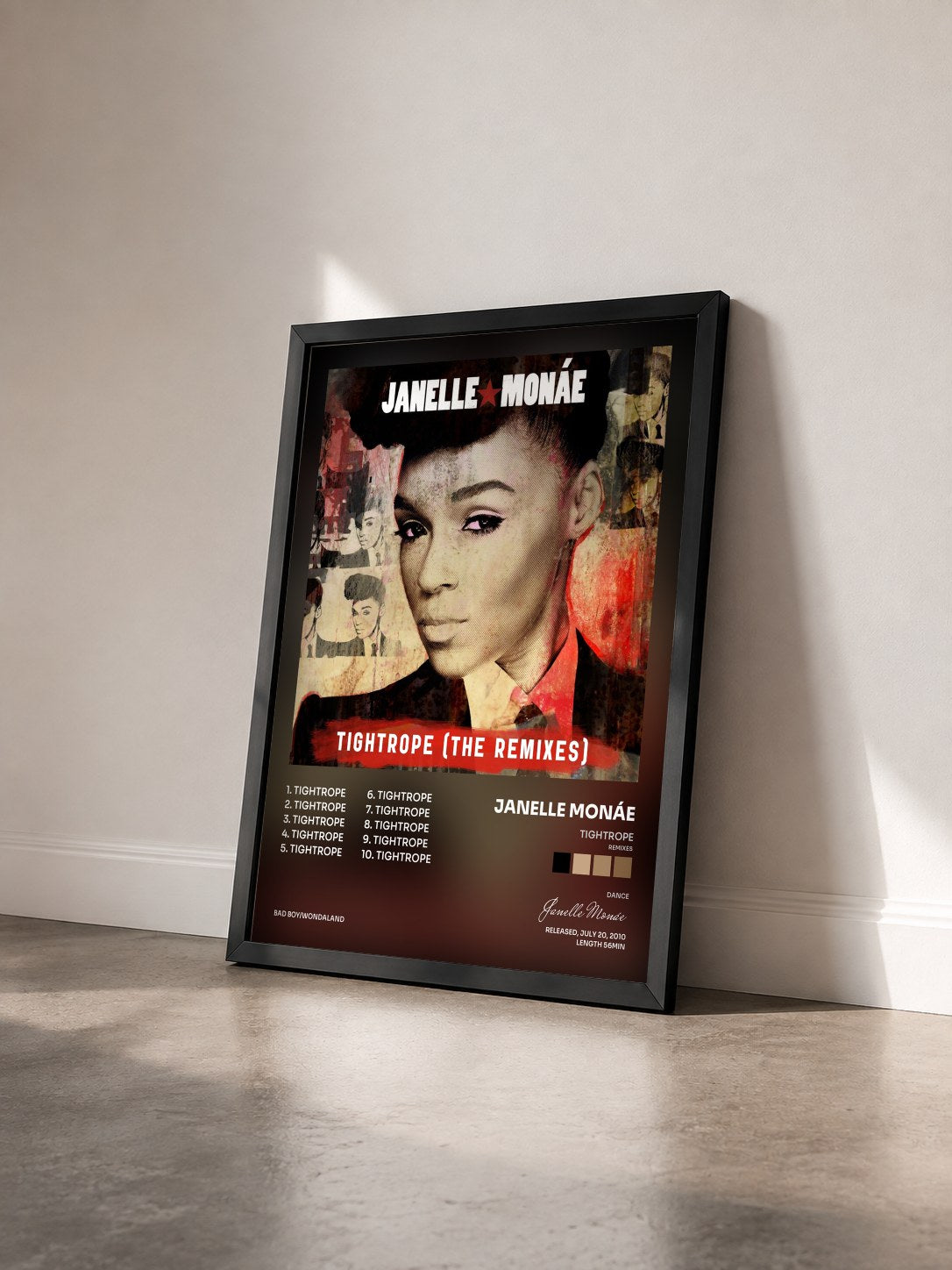 #noir Tableau de l'album Tightrope (Remixes) de Janelle Monáe vu de trois quarts, cadre noir