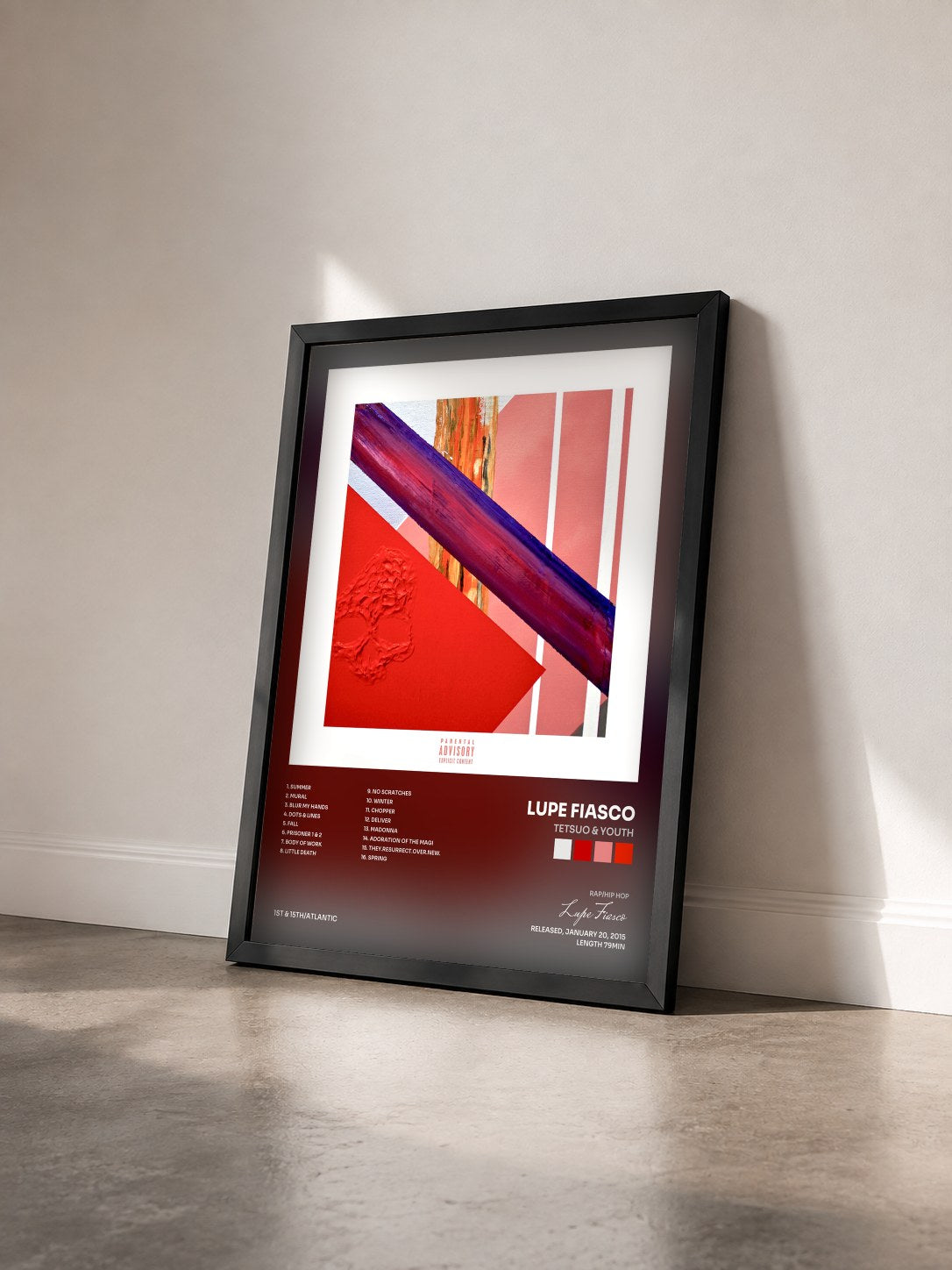 #noir Tableau de l'album Tetsuo & Youth de Lupe Fiasco vu de trois quarts, cadre noir
