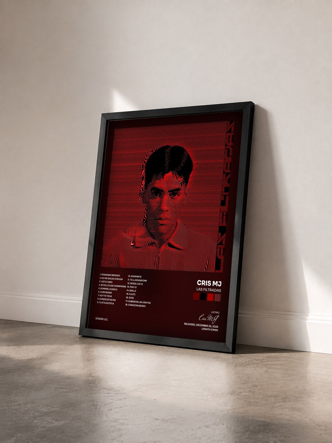 #noir Tableau de l'album LAS FILTRADAS de Cris MJ vu de trois quarts, cadre noir