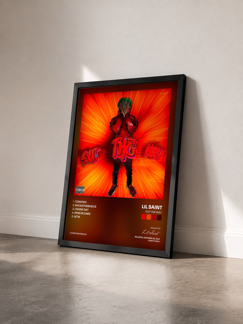 #noir Tableau de l'album Out The Way de Lil Saint vu de trois quarts, cadre noir