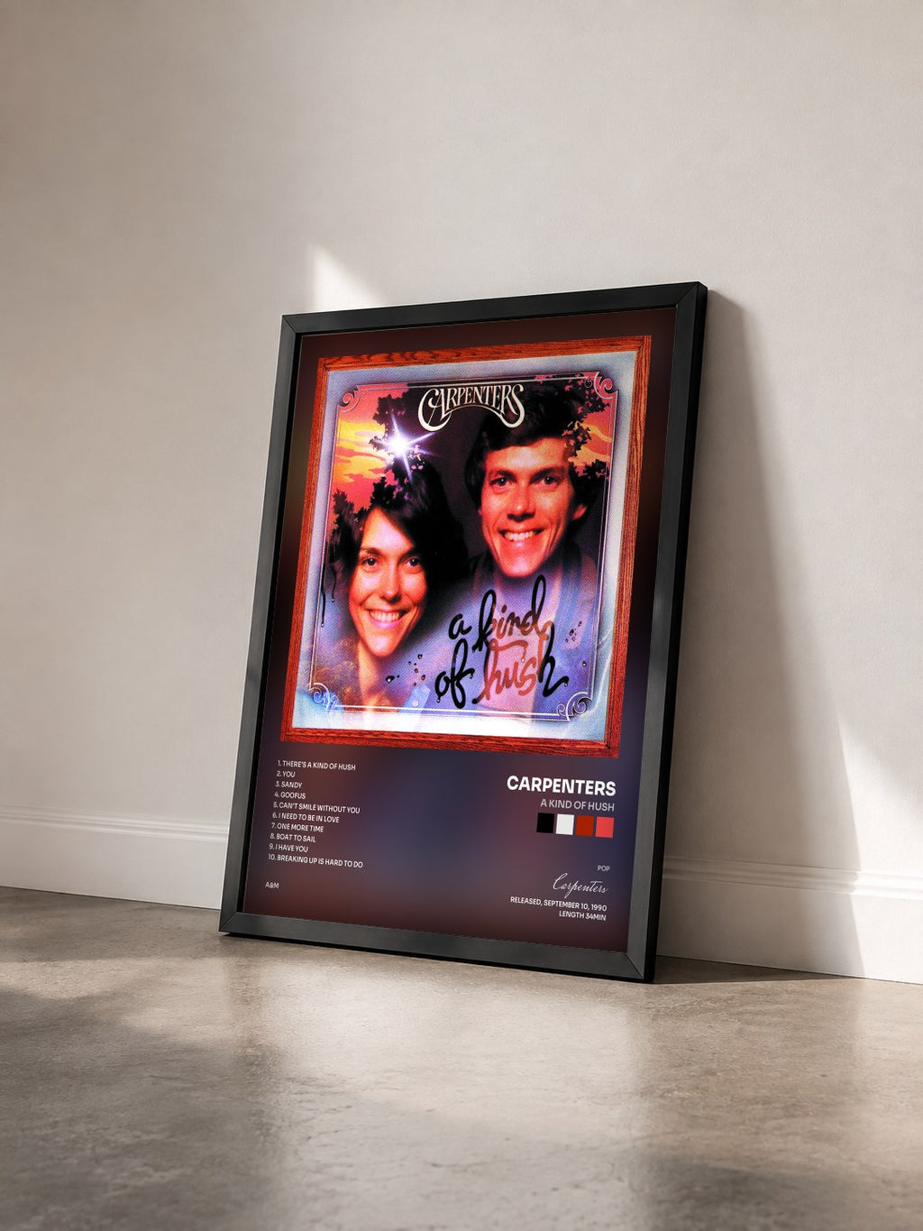 #noir Tableau de l'album A Kind Of Hush de Carpenters vu de trois quarts, cadre noir