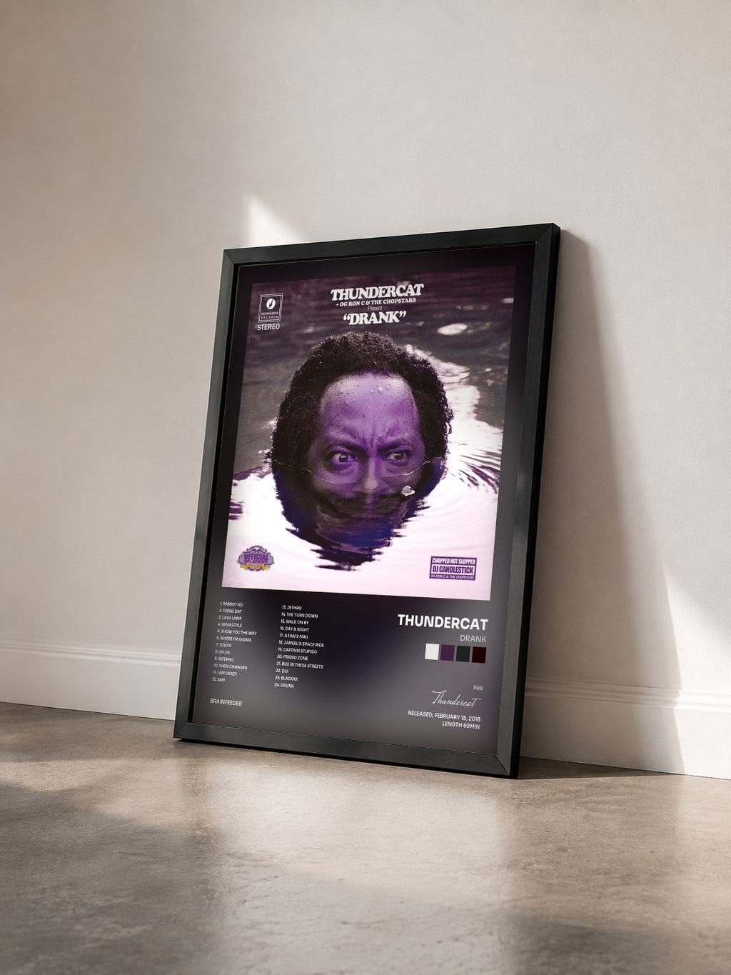 #noir Tableau de l'album Drank de Thundercat vu de trois quarts, cadre noir