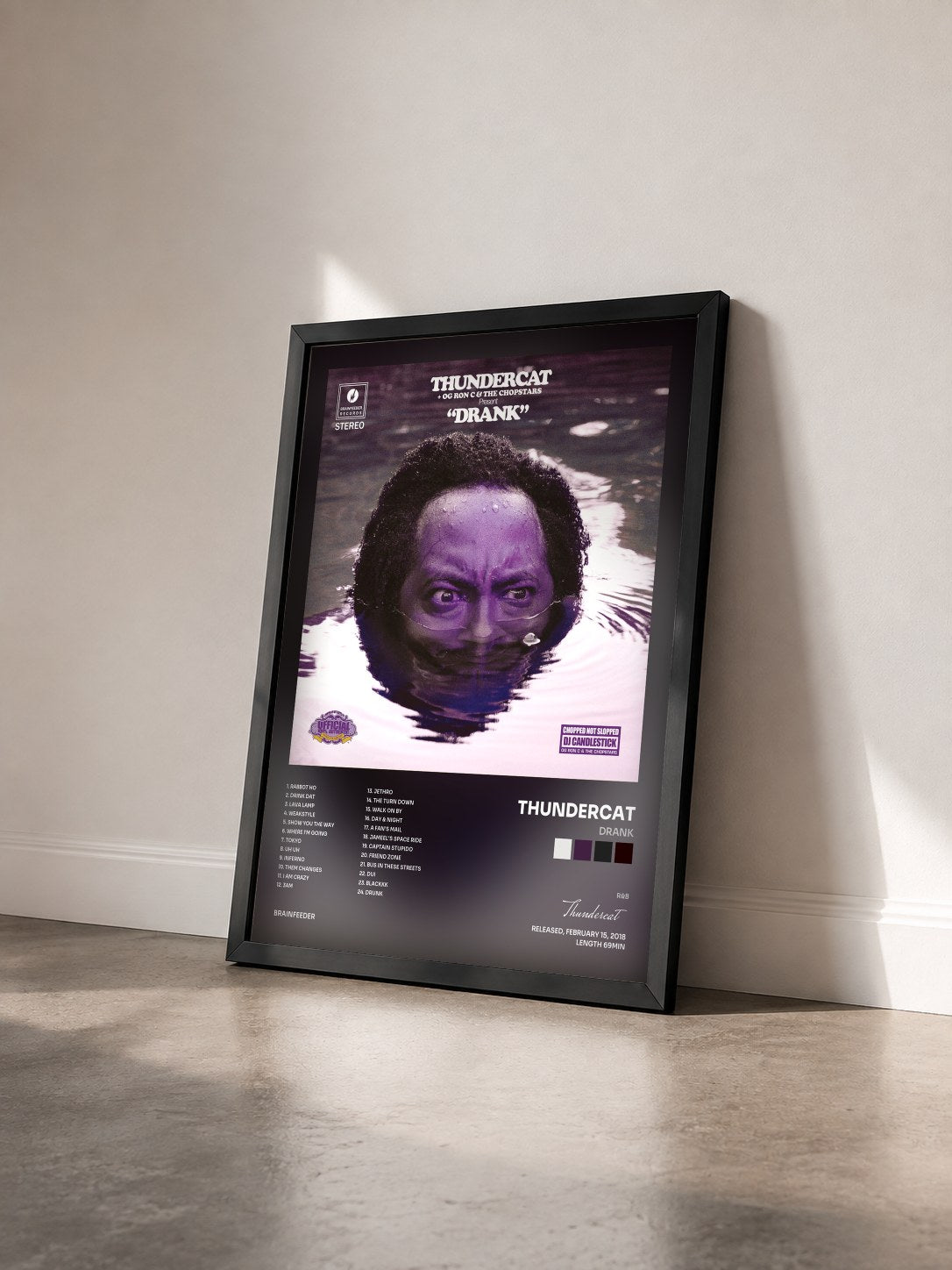 #noir Tableau de l'album Drank de Thundercat vu de trois quarts, cadre noir