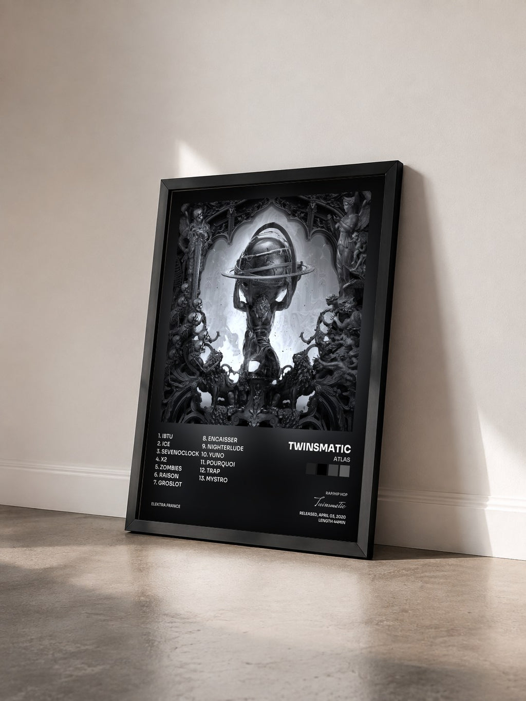 #noir Tableau de l'album ATLAS de Twinsmatic vu de trois quarts, cadre noir