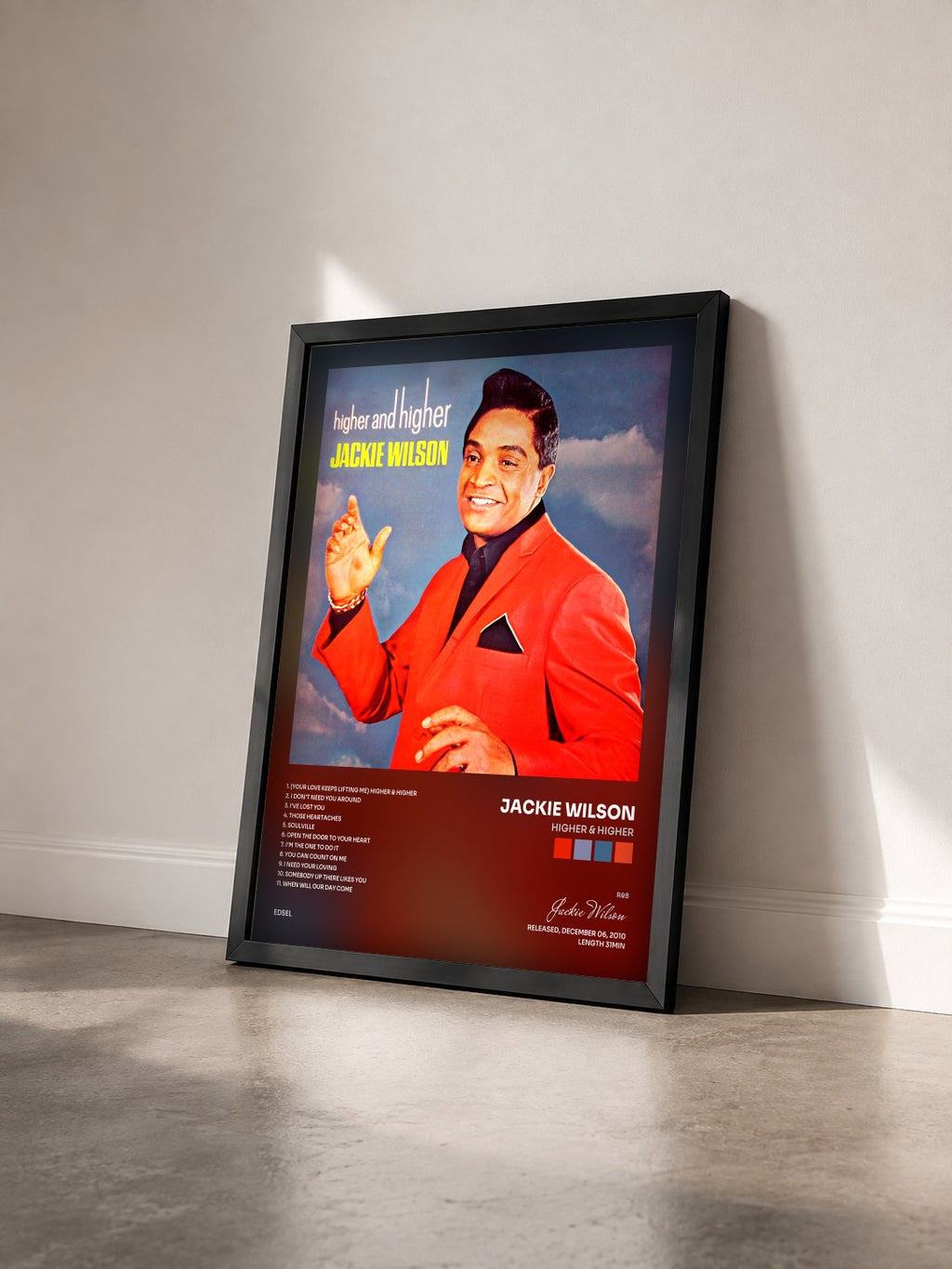 #noir Tableau de l'album Higher & Higher de Jackie Wilson vu de trois quarts, cadre noir