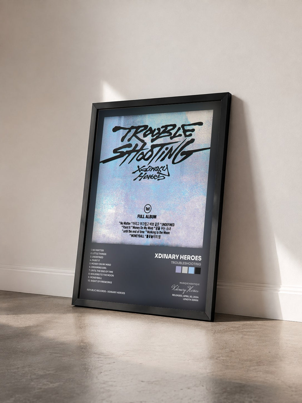 #noir Tableau de l'album Troubleshooting de Xdinary Heroes vu de trois quarts, cadre noir