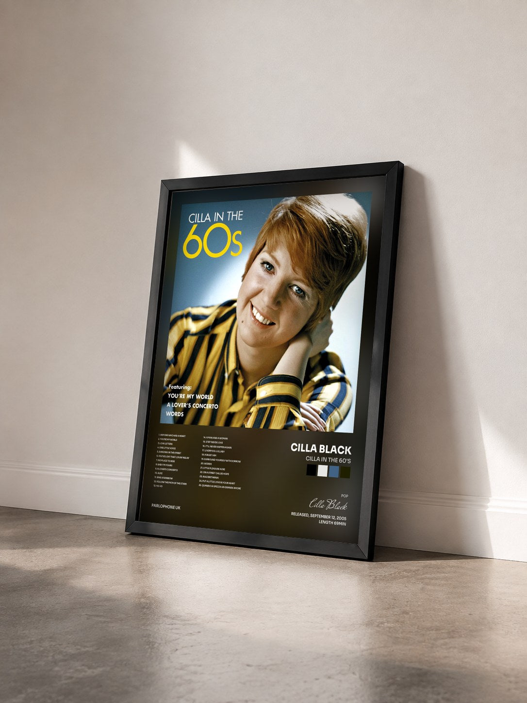 #noir Tableau de l'album Cilla in the 60's de Cilla Black vu de trois quarts, cadre noir