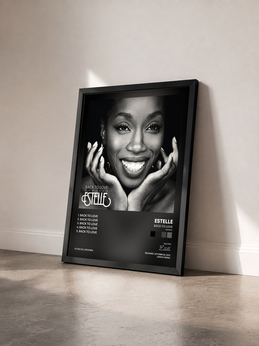 #noir Tableau de l'album Back to Love (Remixes) de Estelle vu de trois quarts, cadre noir