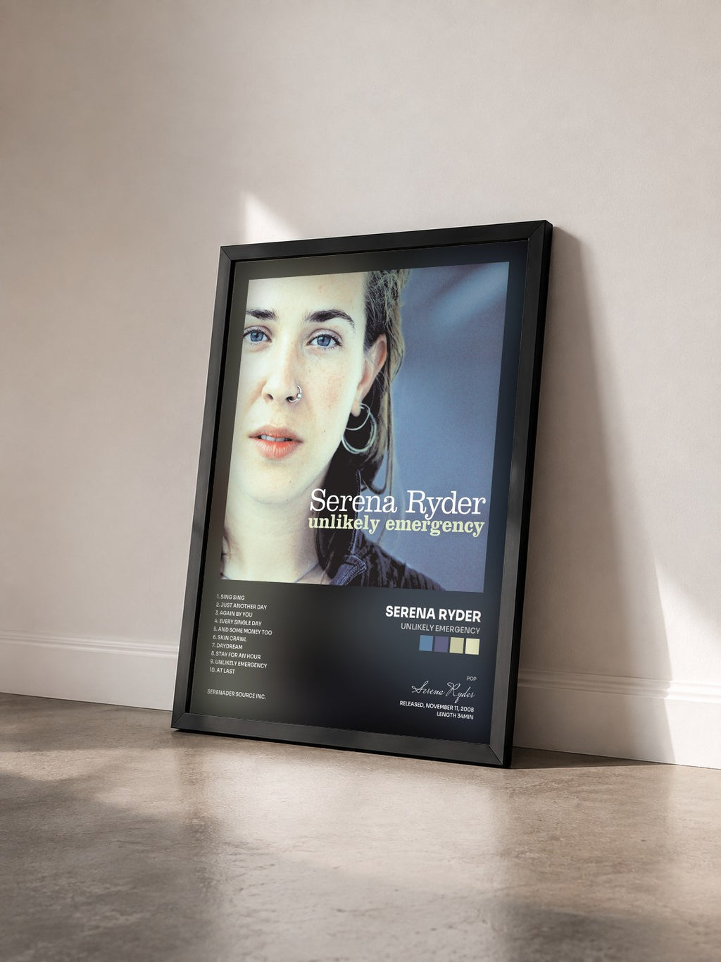 #noir Tableau de l'album Unlikely Emergency de Serena Ryder vu de trois quarts, cadre noir