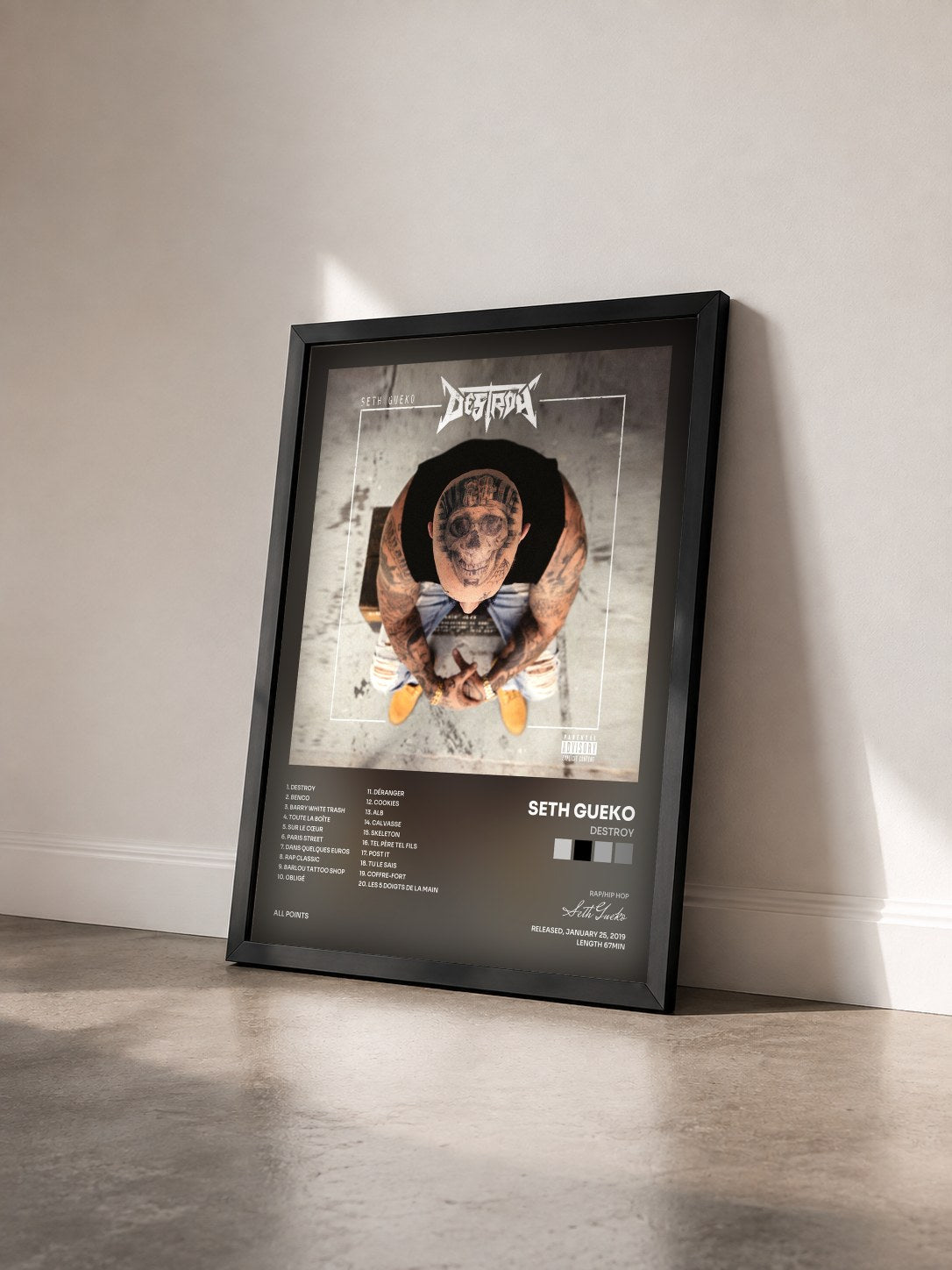 #noir Tableau de l'album Destroy de Seth Gueko vu de trois quarts, cadre noir
