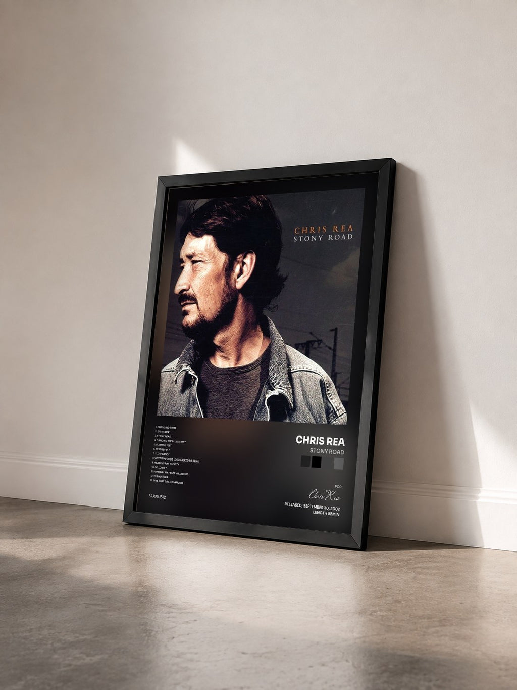#noir Tableau de l'album Stony Road de Chris Rea vu de trois quarts, cadre noir