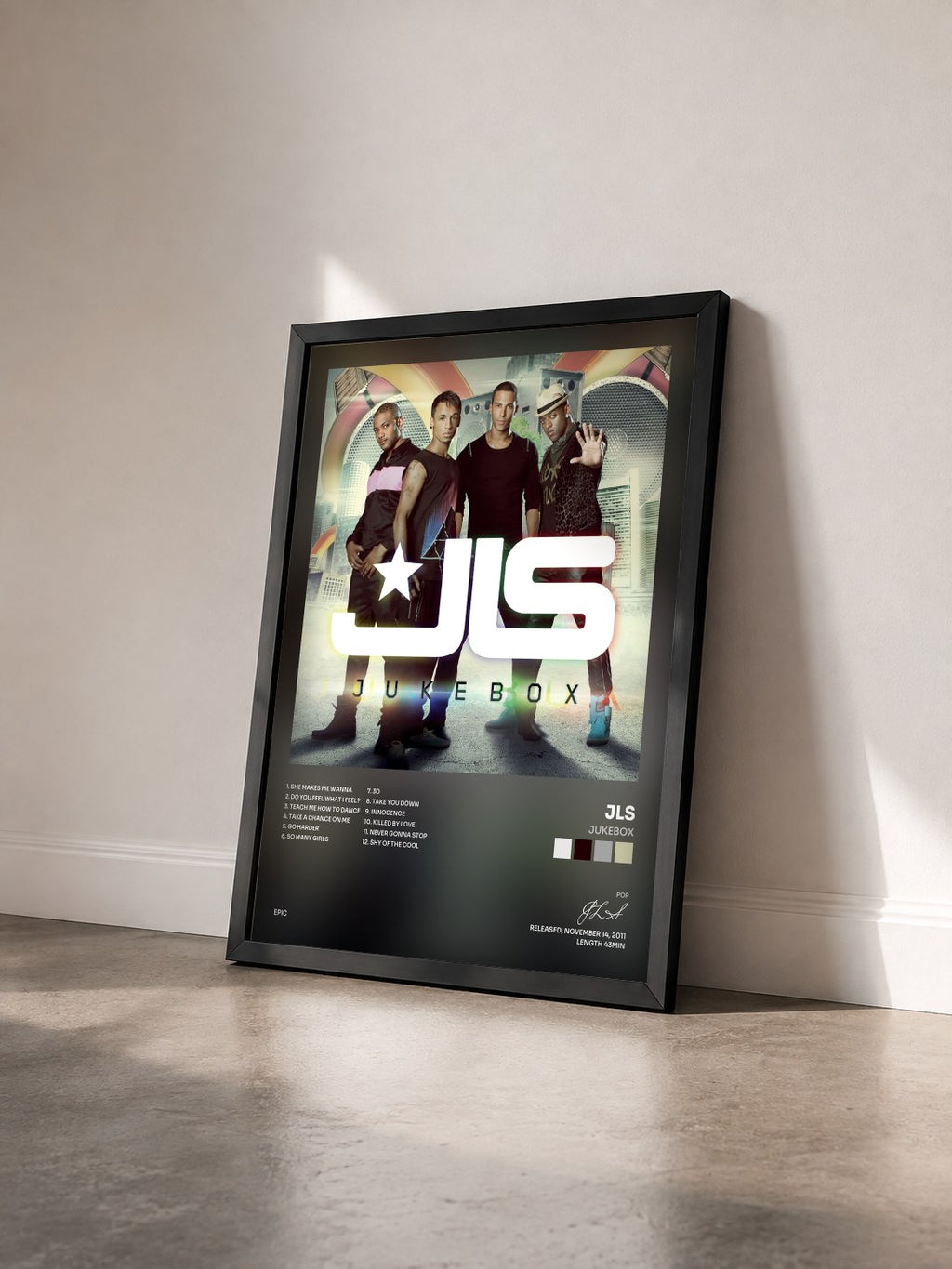 #noir Tableau de l'album Jukebox de JLS vu de trois quarts, cadre noir