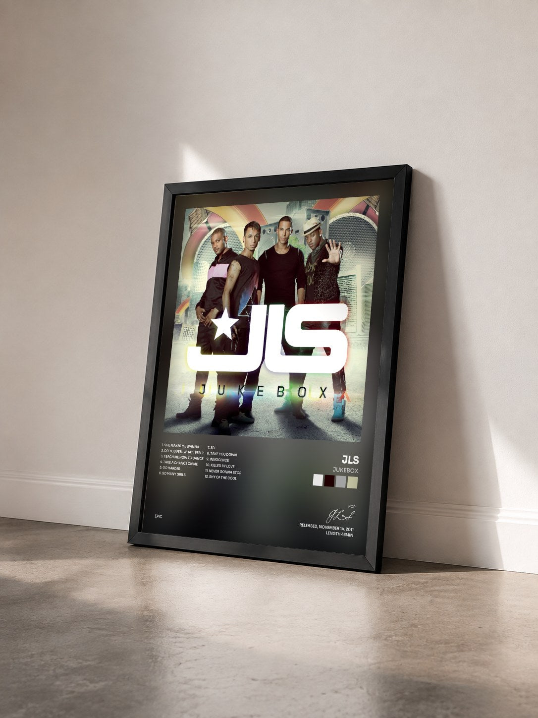 #noir Tableau de l'album Jukebox de JLS vu de trois quarts, cadre noir
