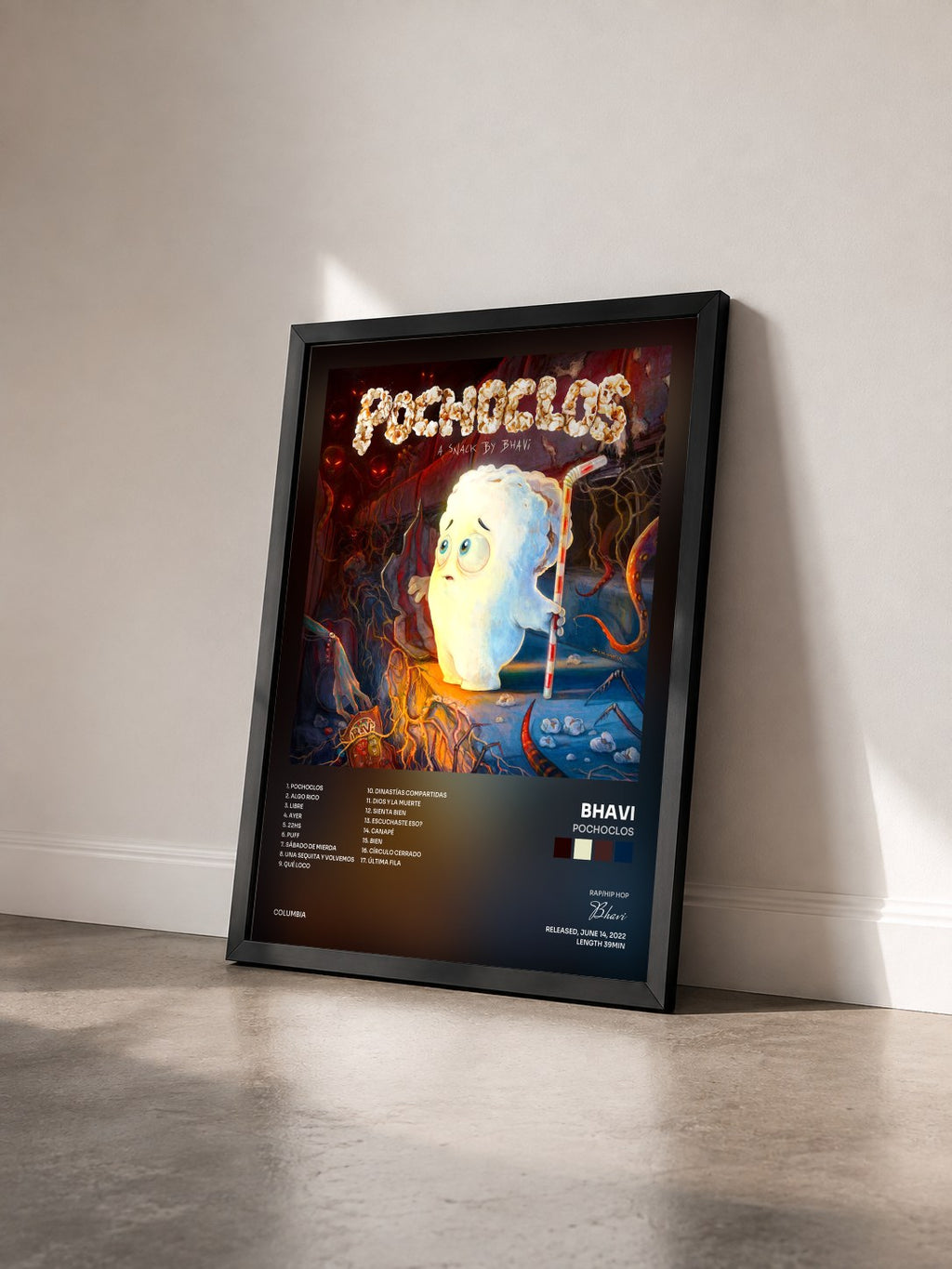 #noir Tableau de l'album POCHOCLOS de Bhavi vu de trois quarts, cadre noir