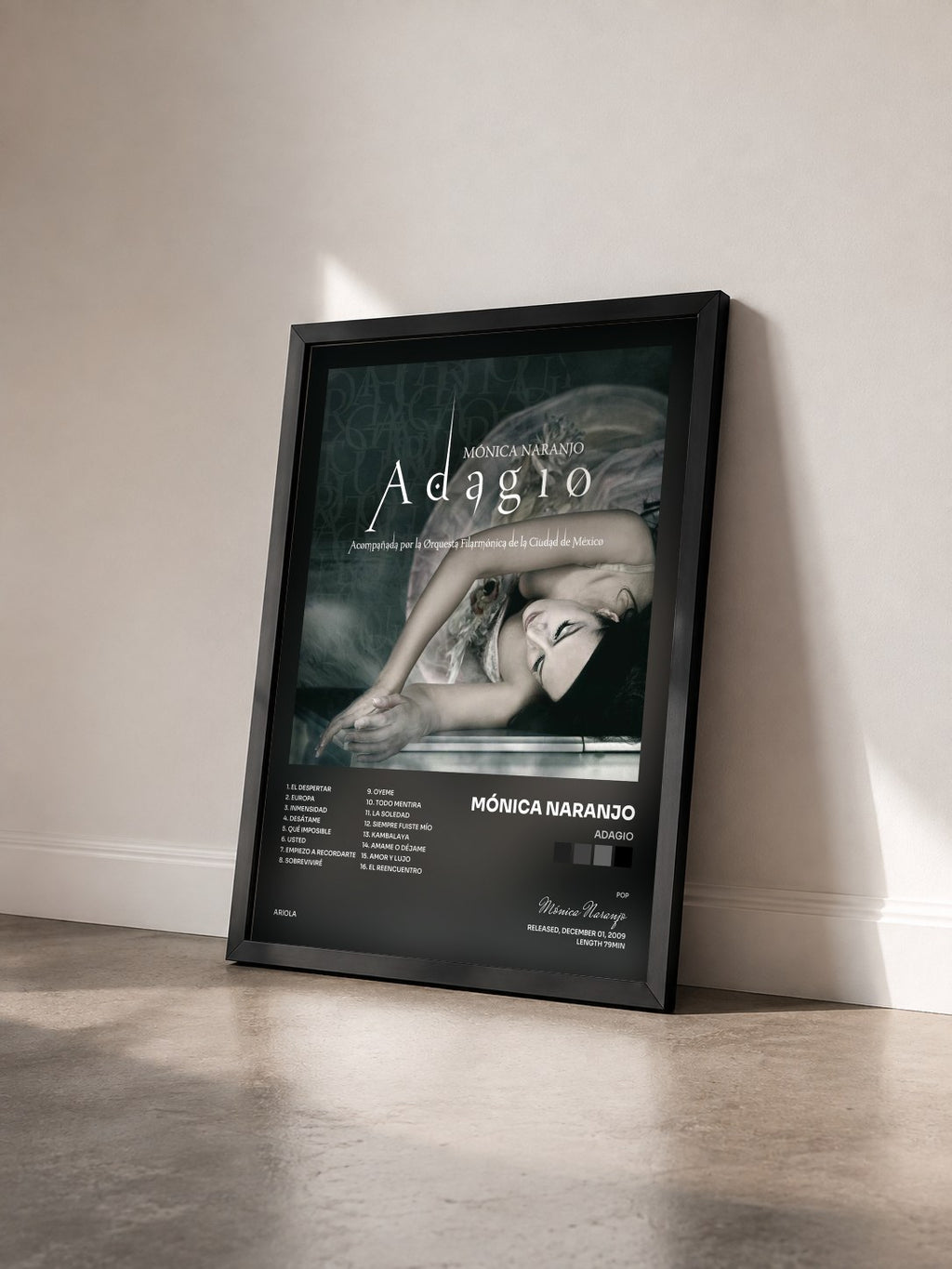 #noir Tableau de l'album Adagio de Mónica Naranjo vu de trois quarts, cadre noir