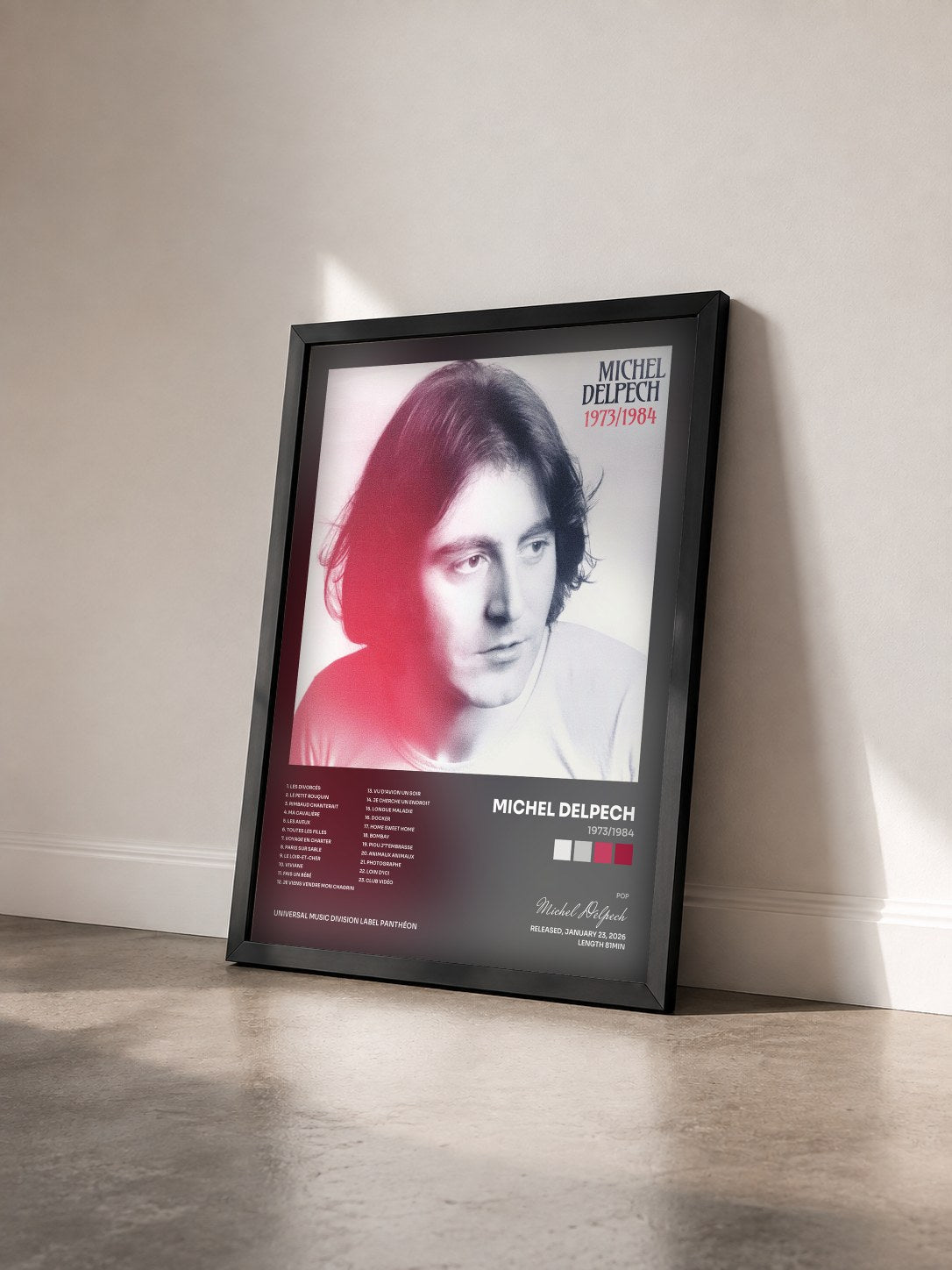 #noir Tableau de l'album 1973/1984 de Michel Delpech vu de trois quarts, cadre noir