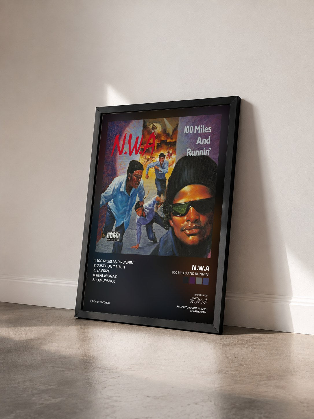 #noir Tableau de l'album 100 Miles And Runnin' de N.W.A vu de trois quarts, cadre noir