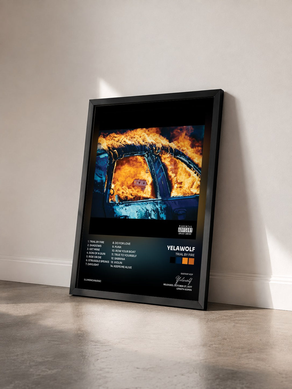 #noir Tableau de l'album Trial By Fire de Yelawolf vu de trois quarts, cadre noir