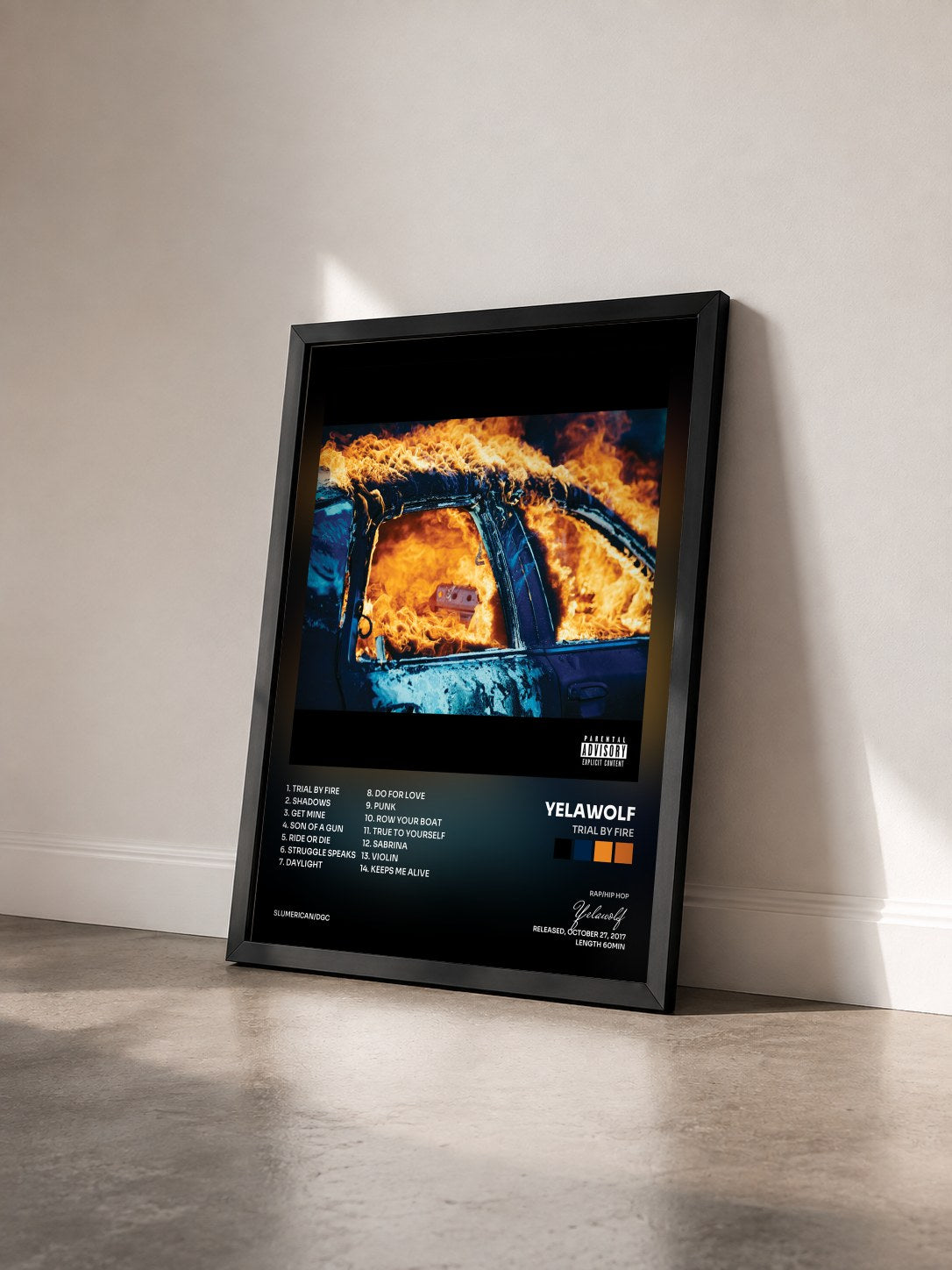 #noir Tableau de l'album Trial By Fire de Yelawolf vu de trois quarts, cadre noir