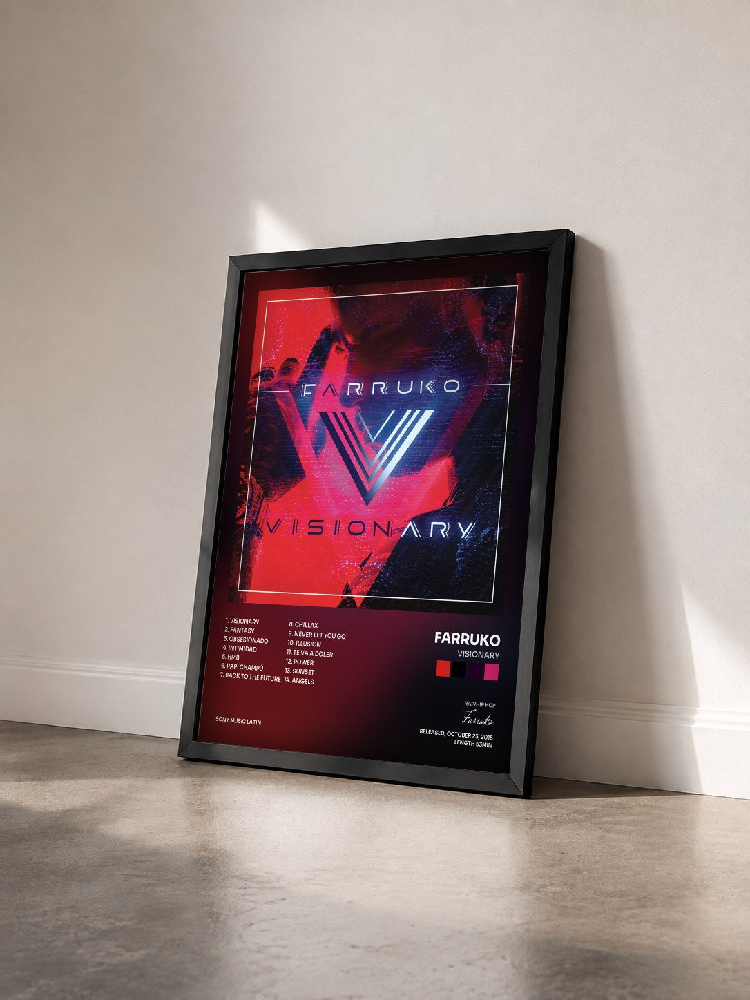#noir Tableau de l'album Visionary de Farruko vu de trois quarts, cadre noir