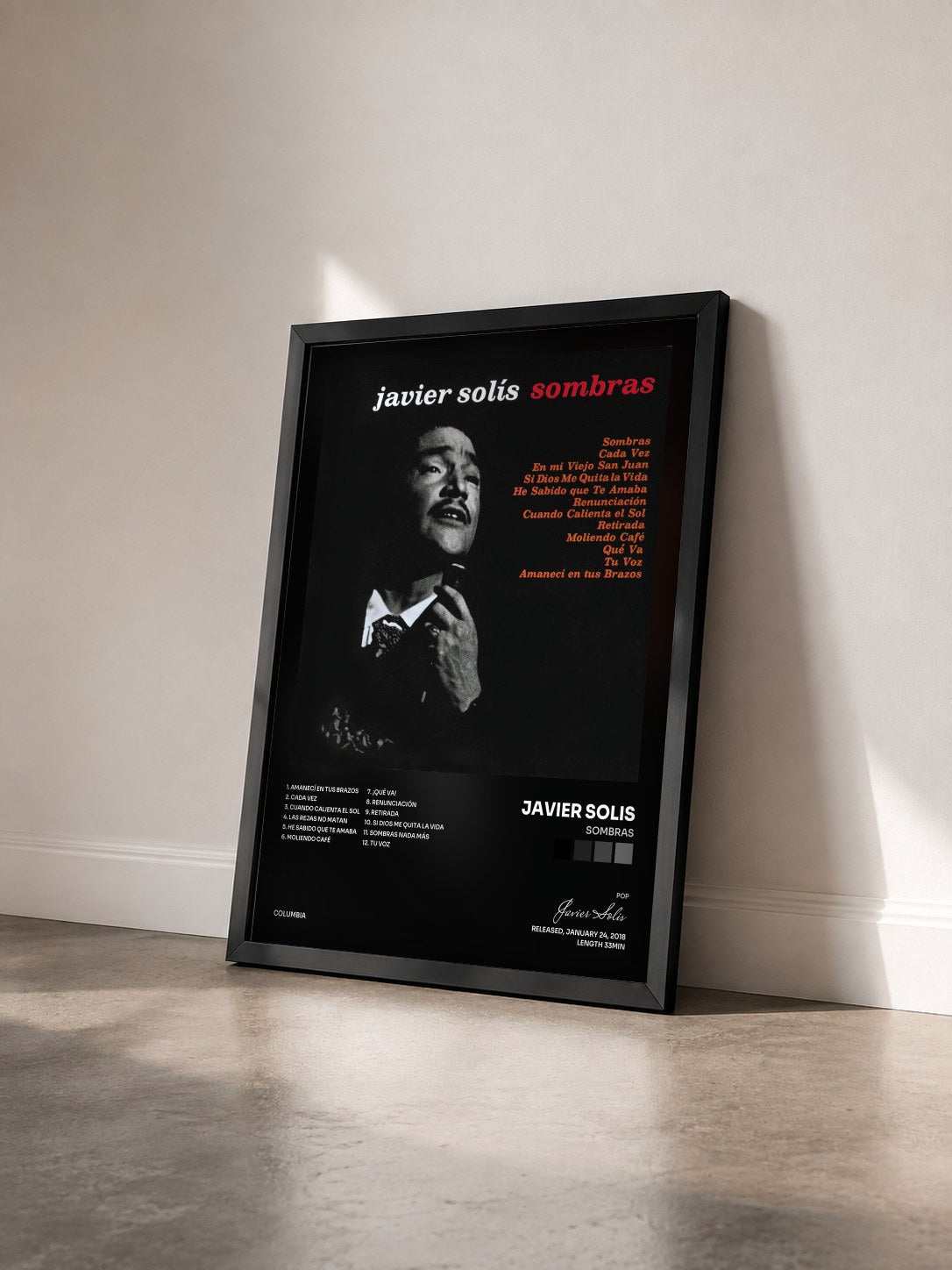 #noir Tableau de l'album Sombras de Javier Solis vu de trois quarts, cadre noir