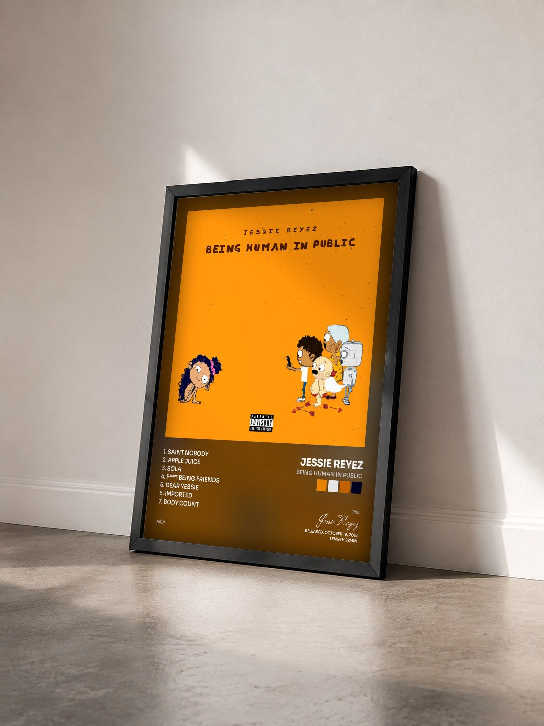 #noir Tableau de l'album Being Human In Public de Jessie Reyez vu de trois quarts, cadre noir