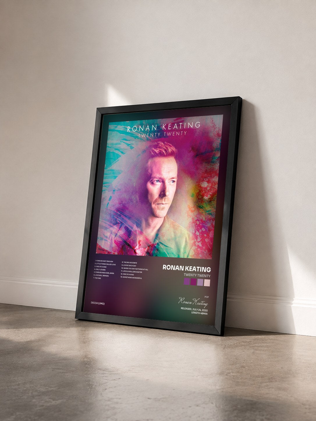 #noir Tableau de l'album Twenty Twenty de Ronan Keating vu de trois quarts, cadre noir